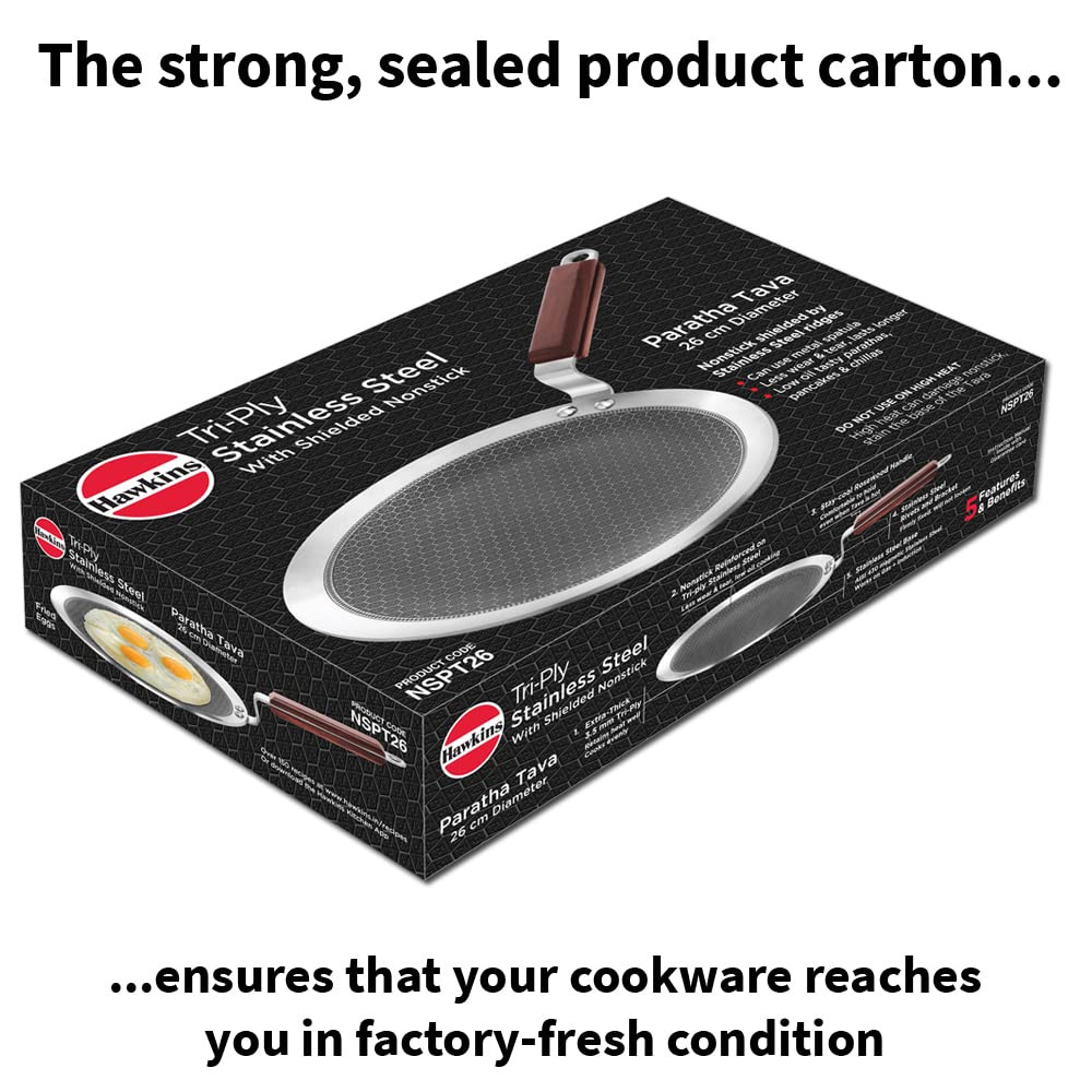 HAWKINS 26 cm Paratha Tava, Triply Stainless Steel Shielded Nonstick Tawa with Rosewood Handle, Honeycomb Non Stick Induction Tawa, Silver (NSPT26)