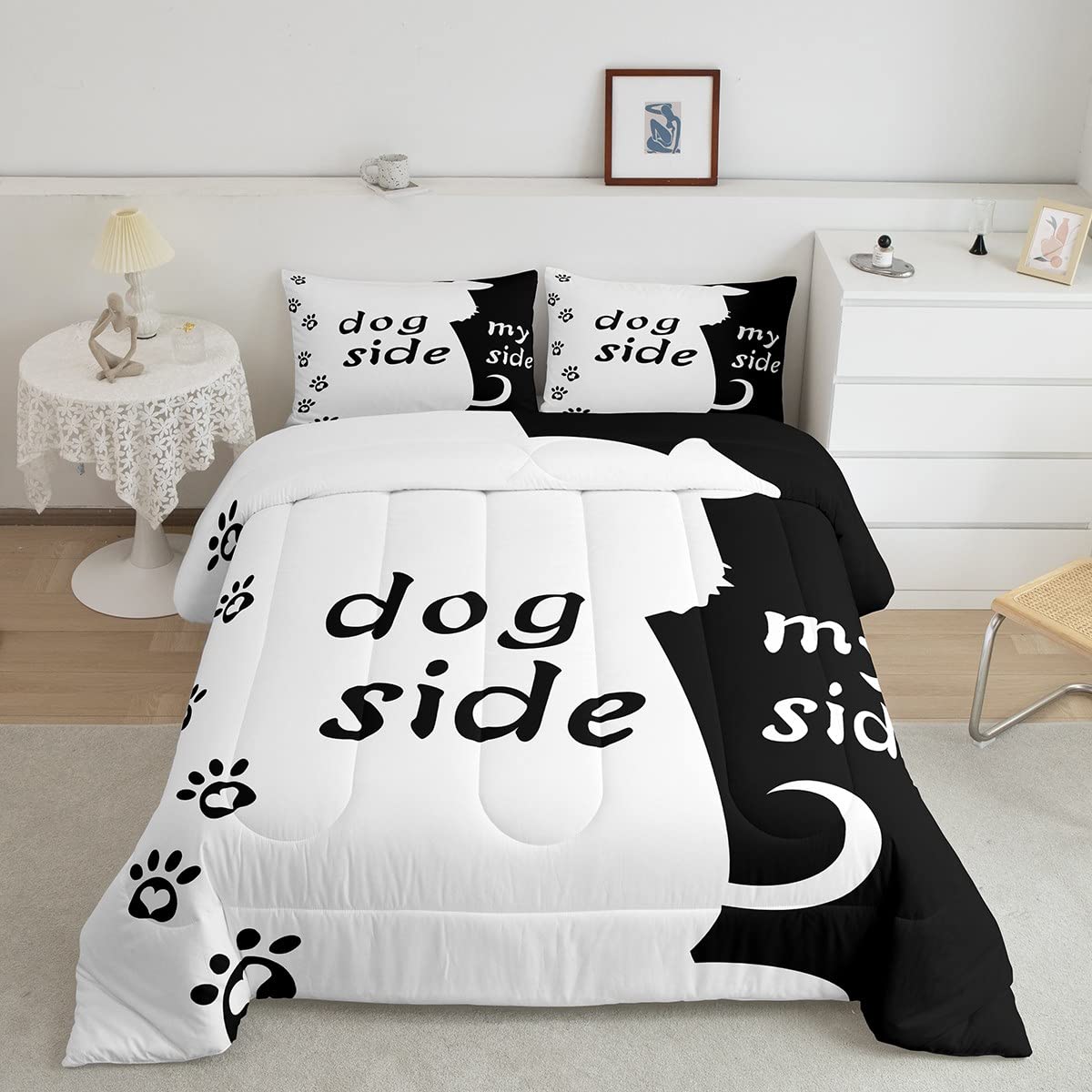 Erosebridal Dog Side and My Side Comforter Set King Size for Couple Women Girls Romantic Theme Bedding Black White Cute Dog Duvet Insert Teens Kids Kawaii Puppy Quilt Bedroom Decor Bedding