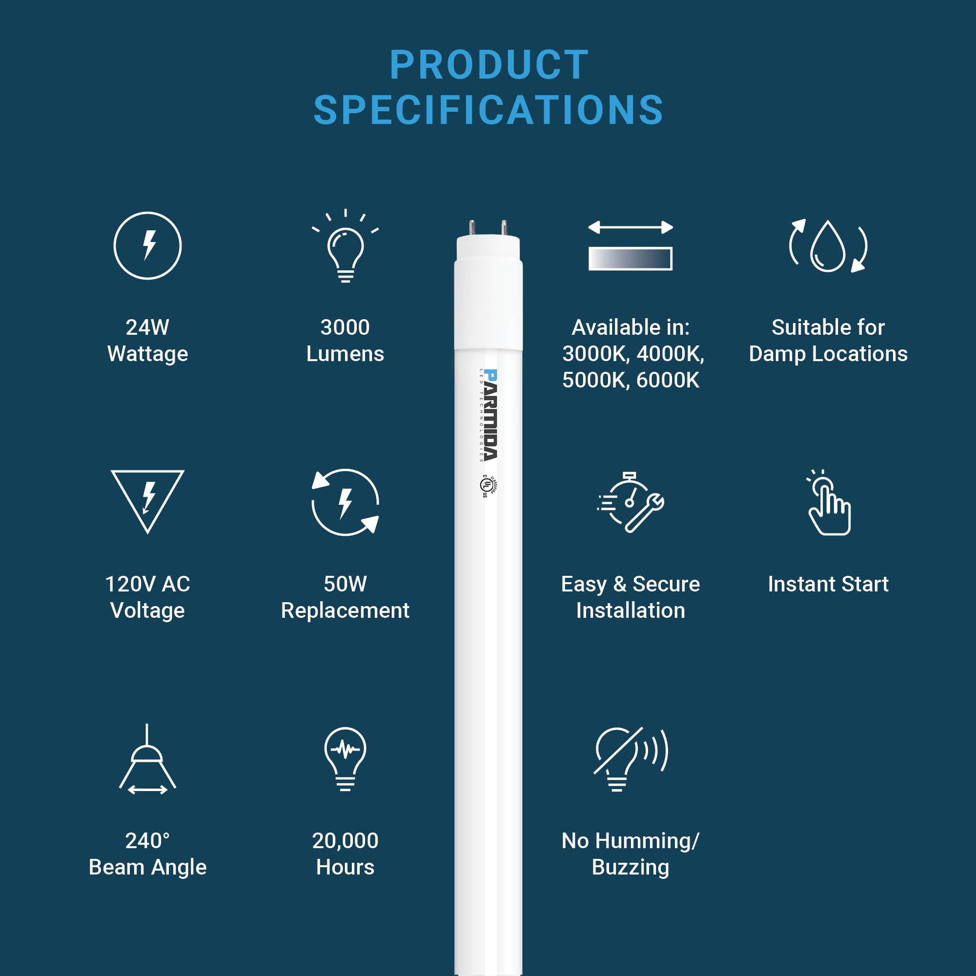 Parmida LED Technologies 20-Pack 4FT LED T8 Light Tube, 24W, Ballast Bypass, Frosted Lens, 3000lm, UL-Listed, 6000K