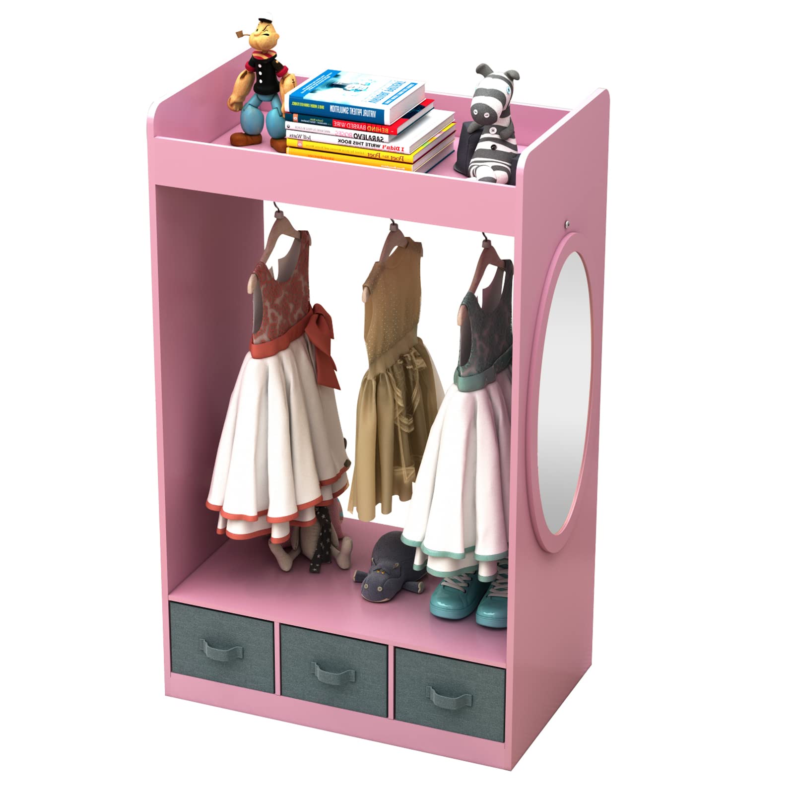 Guangshuohui Costume Organizer,Costume Rack, Dress up Storage with Mirror and Storage Bin,Open Hanging Play Armoire Dresser with Mirror,Pretend Storage Closet for,Costume Storage Dresser-Pink