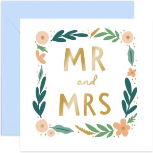 old english co. floral wreath mr and mrs card - pastel gold foil wedding card for bride and groom | engagement for happy couple on big day | blank inside & envelope included (mr and mrs)