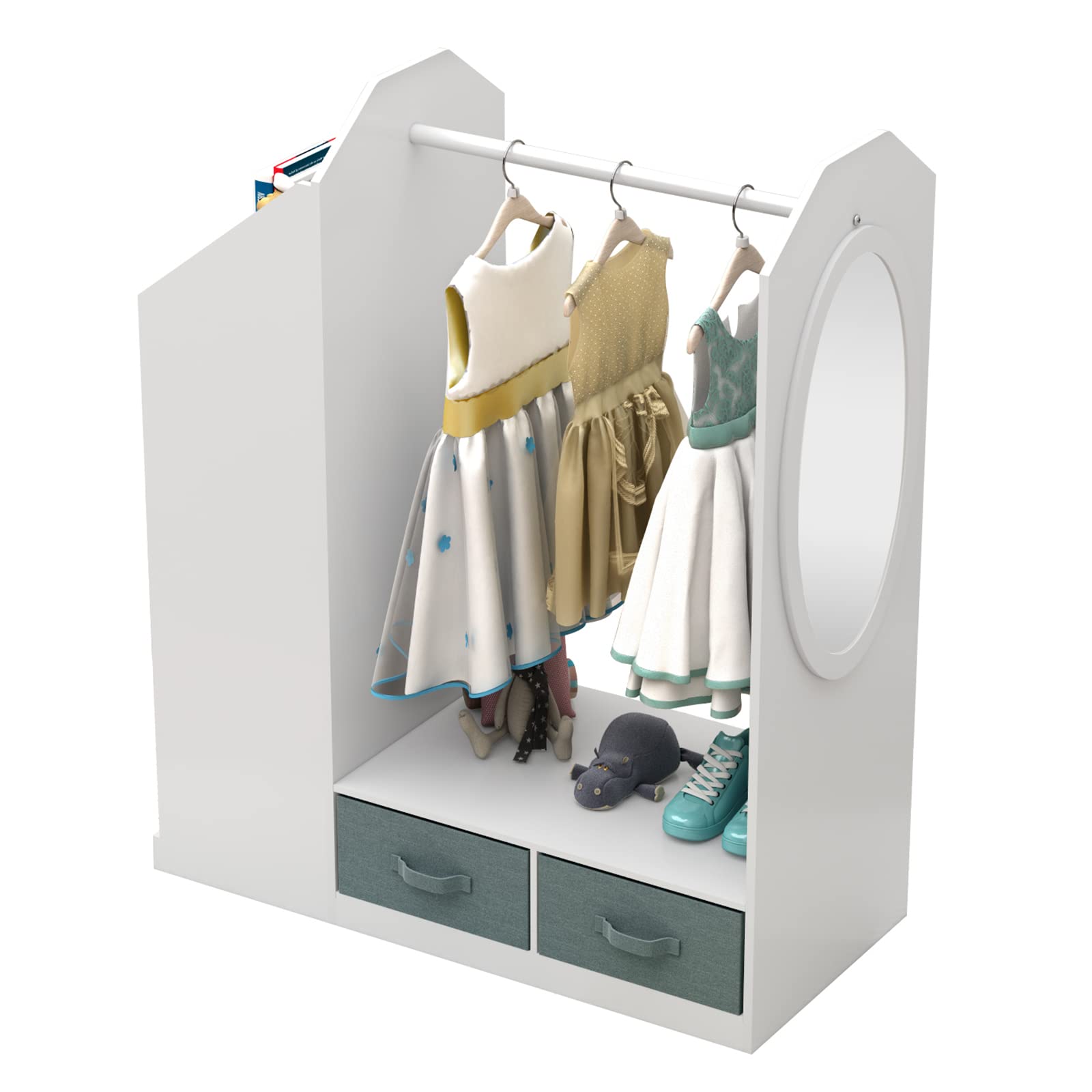 Kids Costume Organizer,Costume Rack, Kids Dress up Storage with Mirror and Storage Bin,Open Hanging Kids Play Armoire Dresser with Mirror,Pretend Storage Closet for Kids,Costume Storage Dresser,WHITE