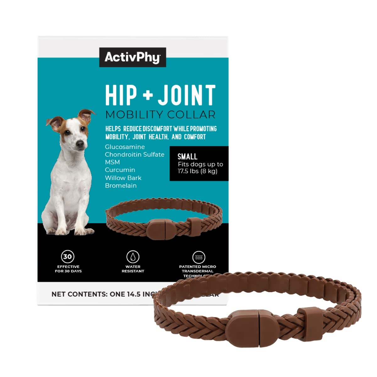 ACTIVPHY Hip + Joint Mobility Collar for Dogs with Glucosamine, Chondroitin, MSM, and More | Convenient & Easy | 30 Days of Continuous Support | Water Resistant (Small)