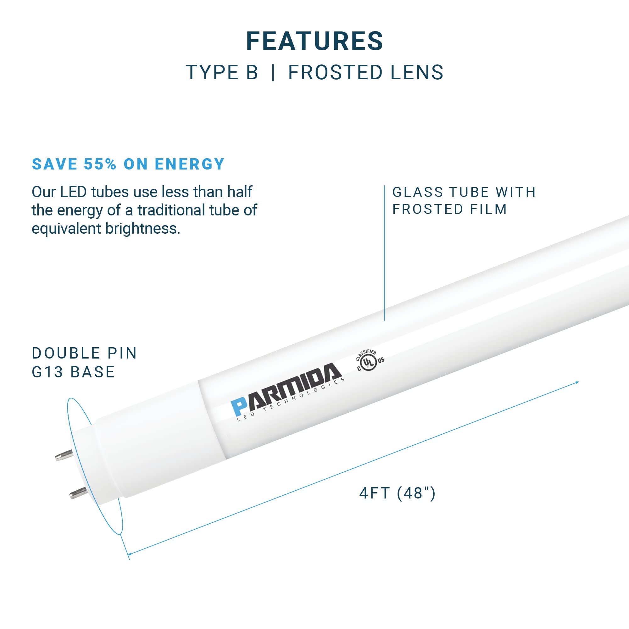 Parmida LED Technologies 20-Pack 4FT LED T8 Light Tube, 24W, Ballast Bypass, Frosted Lens, 3000lm, UL-Listed, 6000K