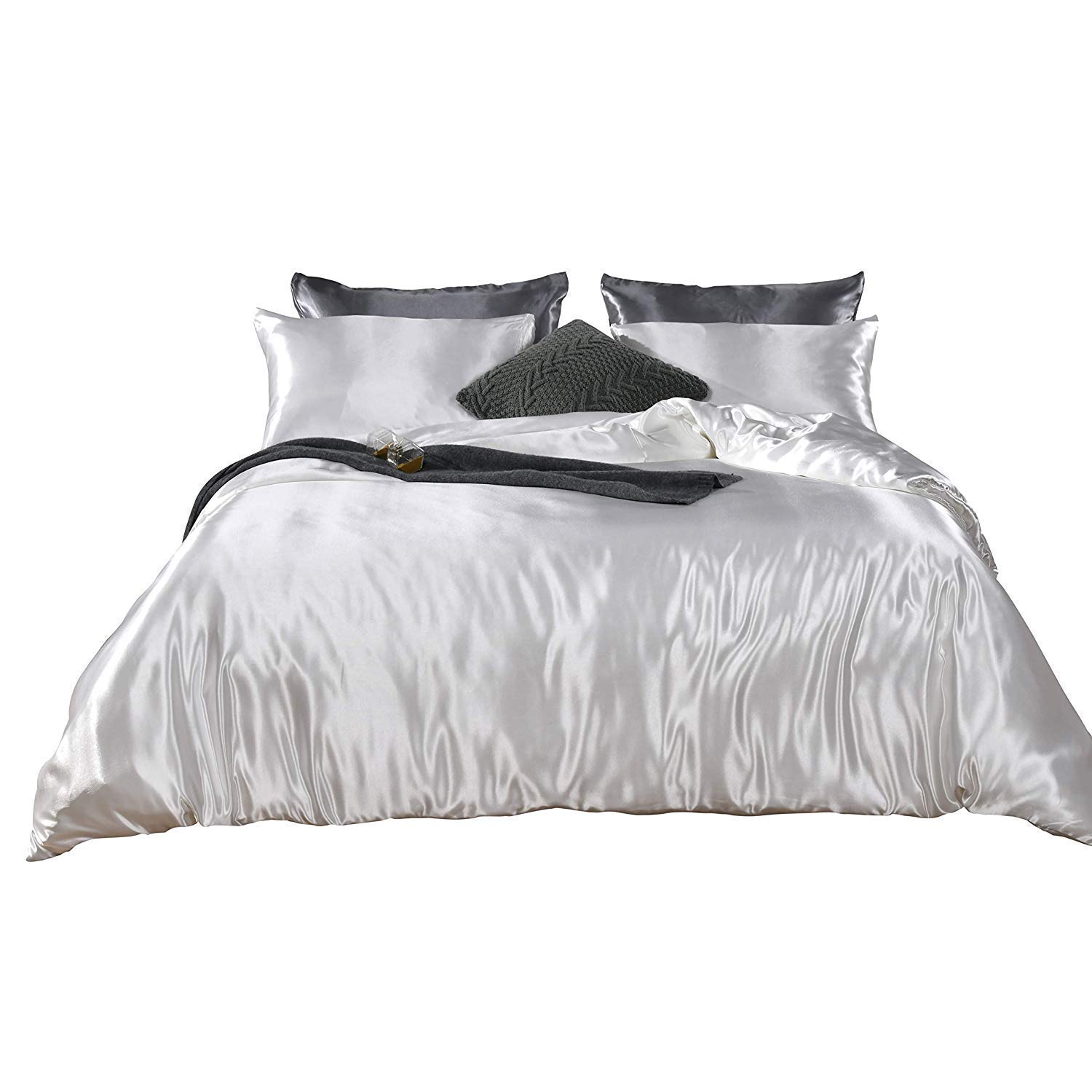 Opulence Bedding Silk Satin Duvet Cover Set White California King 3 Piece (Duvet Cover + 2 Pillowcases) Comforter Cover California King Size Zipper Closure