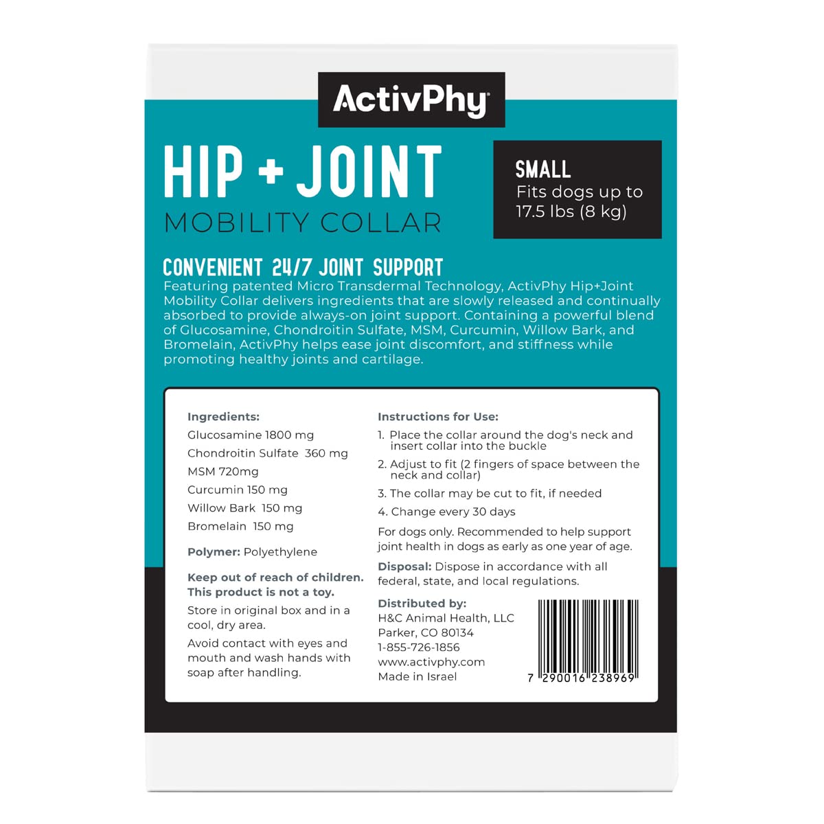 ACTIVPHY Hip + Joint Mobility Collar for Dogs with Glucosamine, Chondroitin, MSM, and More | Convenient & Easy | 30 Days of Continuous Support | Water Resistant (Small)