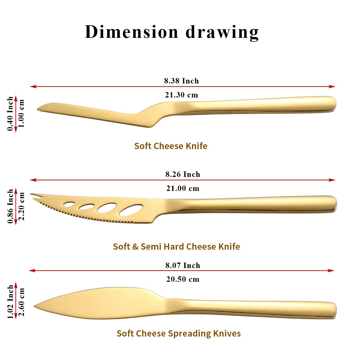 Kyraton Gold Cheese Knife Set of 3, Ergonomic Design Titanium Golden Plated Cheese Slicer, Butter Knife Spreader, Cheese Cutter, Cheese Knives for All Type of Cheese