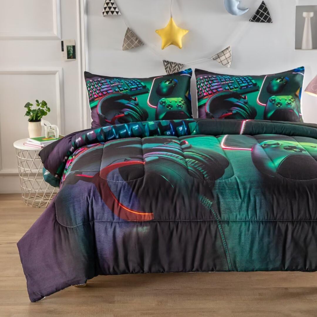 GRAT TIOC Gamer Comforter Sets for Teen Boys,Gaming Bedding Sets Twin,Video Game Bedspread,Game Gamepad Bed Set,Controller Bedding Gamer Home Decor 3 Piece 1 Comforter and 2 Pillowcases