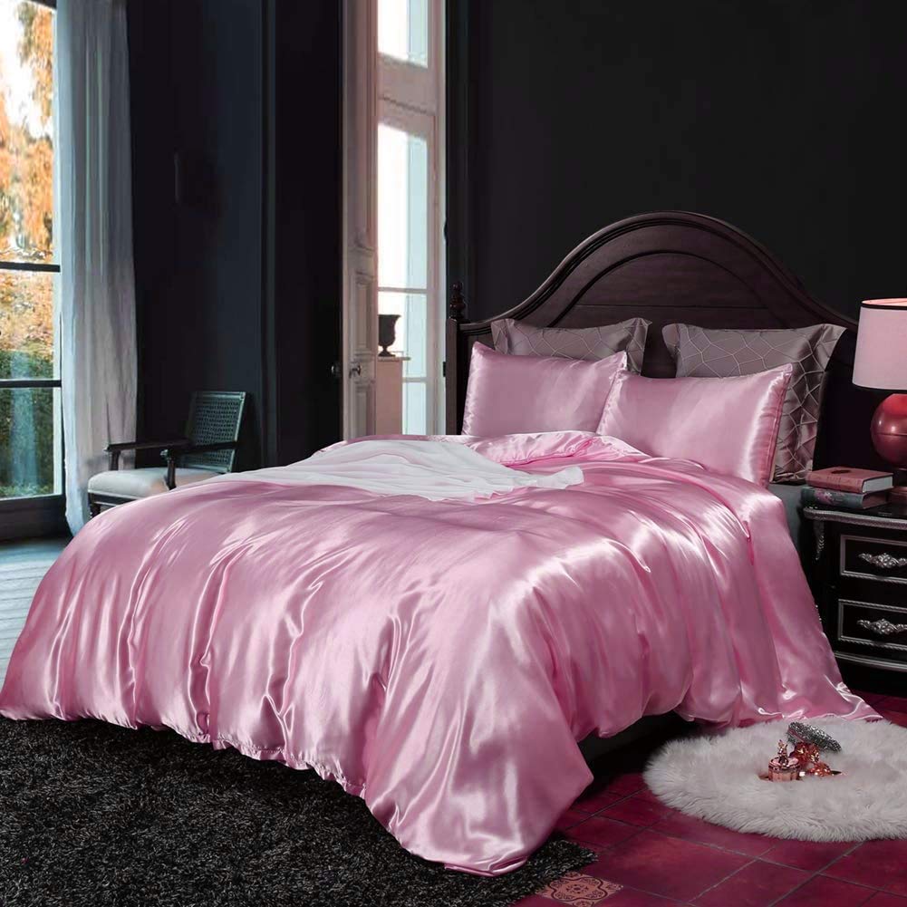 Opulence Bedding Silk Satin Duvet Cover Set Queen 3 Piece (Duvet Cover + 2 Pillowcases) Duvet Cover Queen Size Pink Satin Comforter Cover Zipper Closure