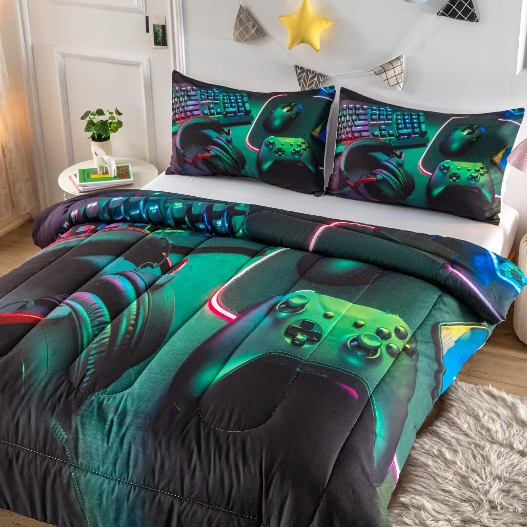 GRAT TIOC Gamer Comforter Sets for Teen Boys,Gaming Bedding Sets Twin,Video Game Bedspread,Game Gamepad Bed Set,Controller Bedding Gamer Home Decor 3 Piece 1 Comforter and 2 Pillowcases