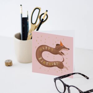 Old English Co. Happy Birthday Sausage Dog Confetti Card - Gold Foil Daschund Greeting Card for Him, Her, Them | Celebrations for Family and Friends | Blank Inside & Envelope Included