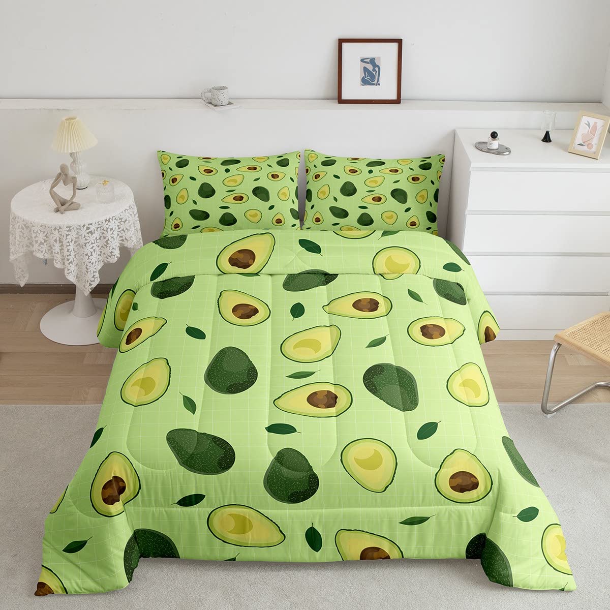 Manfei Fruits Theme Comforter Set Twin Size, Green Avocado Bedding Set 2pcs for Kids Boys Girls Room Decor, Plaid Grid Print Quilt Set with 1 Pillowcase