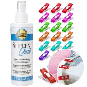 aleenes stiffen quik fabric spray (8oz) - washable adhesive for fabric, textiles, hats, bags, and crafts. includes 20 sewing clips