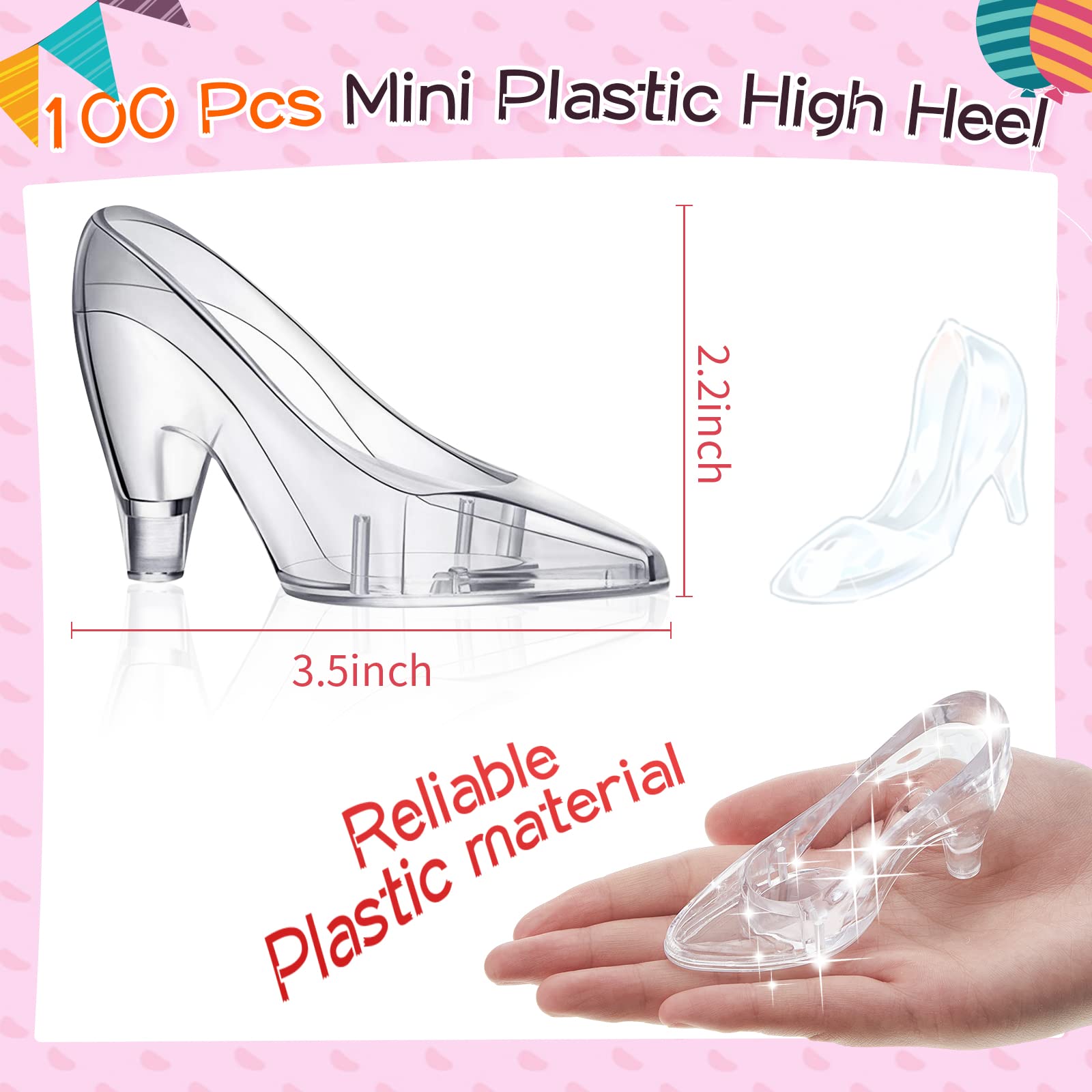 Taiyin 100 Pcs Mini Glass Slippers Clear Princess Slippers Decoration Plastic High Heel Shoes for Women Party Candy Supplies Gift Favor Holders for Wedding Birthday Party Decorations, 3.5 Inch