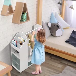 Kids Costume Organizer,Costume Rack, Kids Dress up Storage with Mirror and Storage Bin,Open Hanging Kids Play Armoire Dresser with Mirror,Pretend Storage Closet for Kids,Costume Storage Dresser,WHITE