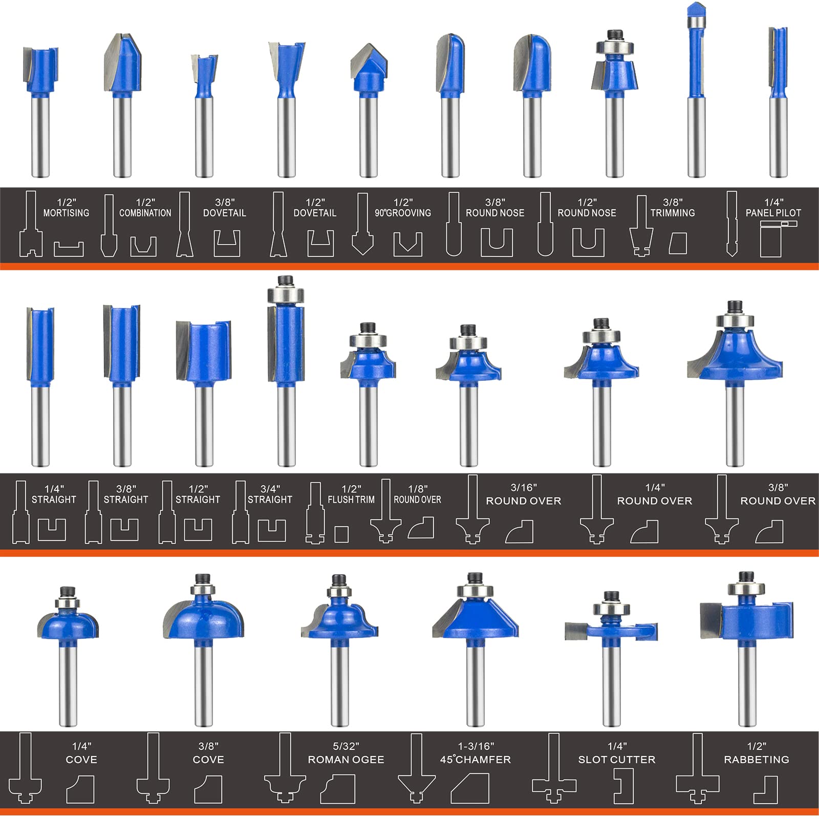 BAIDETS Router Bits Set 1/4 Inch Shank, 24 Pieces 1/4" Router bits Tungsten Carbide Wood Router Bits, Woodwork Tools, for Professional and Beginners Carpenter