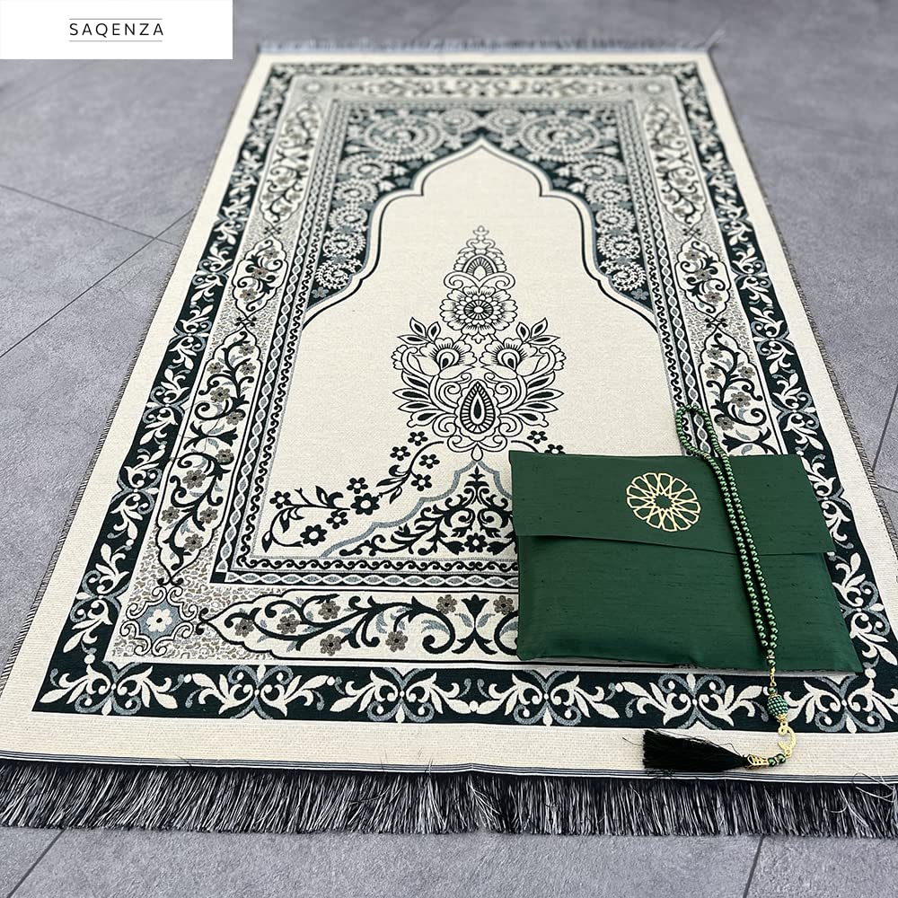 SAQENZA Muslim Prayer Rug - Prayer Mat with Travel Bag, Prayer Beads - Muslim Gifts - Ramadan Gifts for Men, Women and Kids - Islamic Gifts (Green-2)