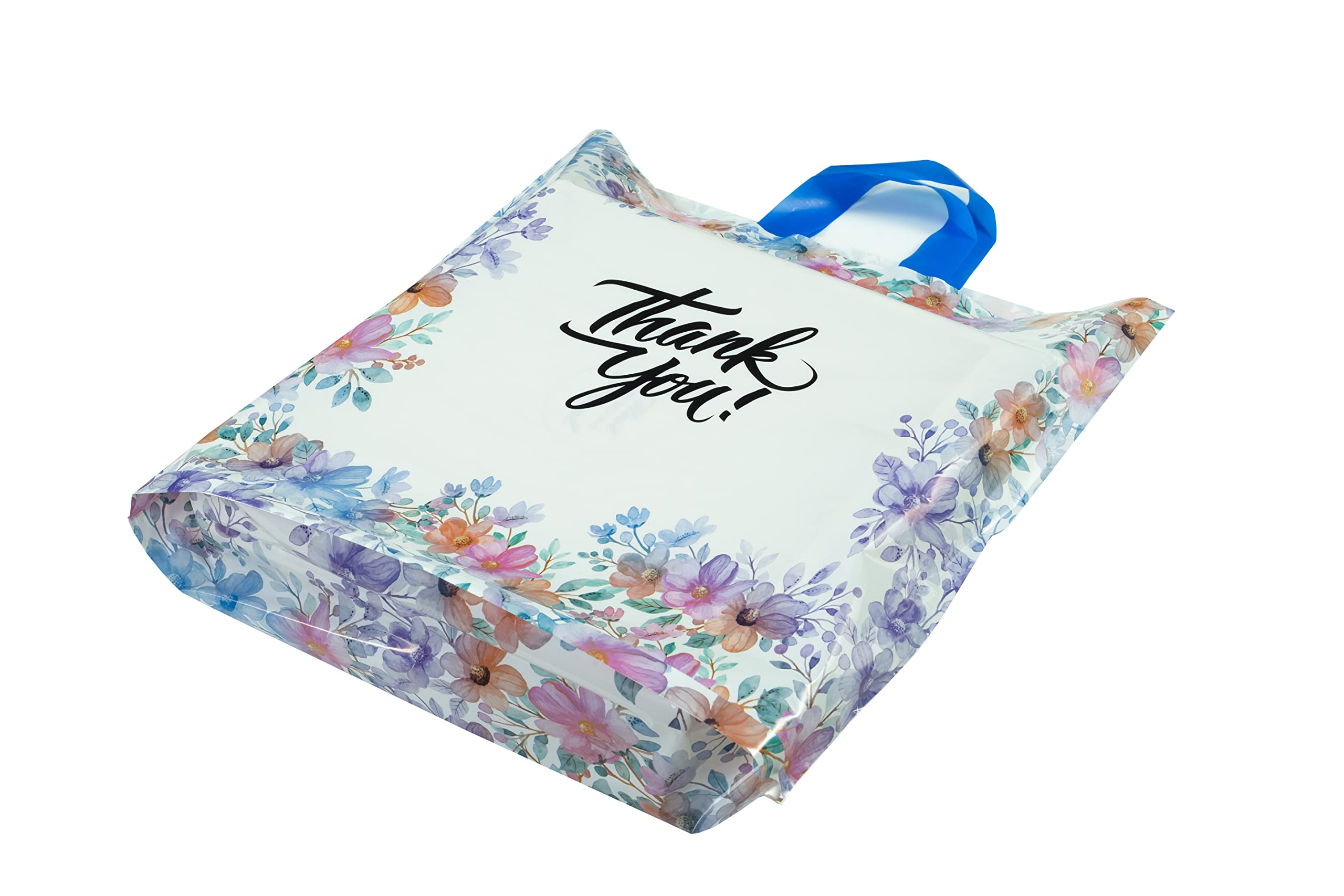 Infinite Pack 18" x18"(100pcs) Floral Thank You Bag with Soft Loop Handle & Bottom Gusset - 2.35 Mil Thick Plastic Merchandise Shopping Bag for Goodies, Clothing, Shower Gift, Retail Boutique Bags