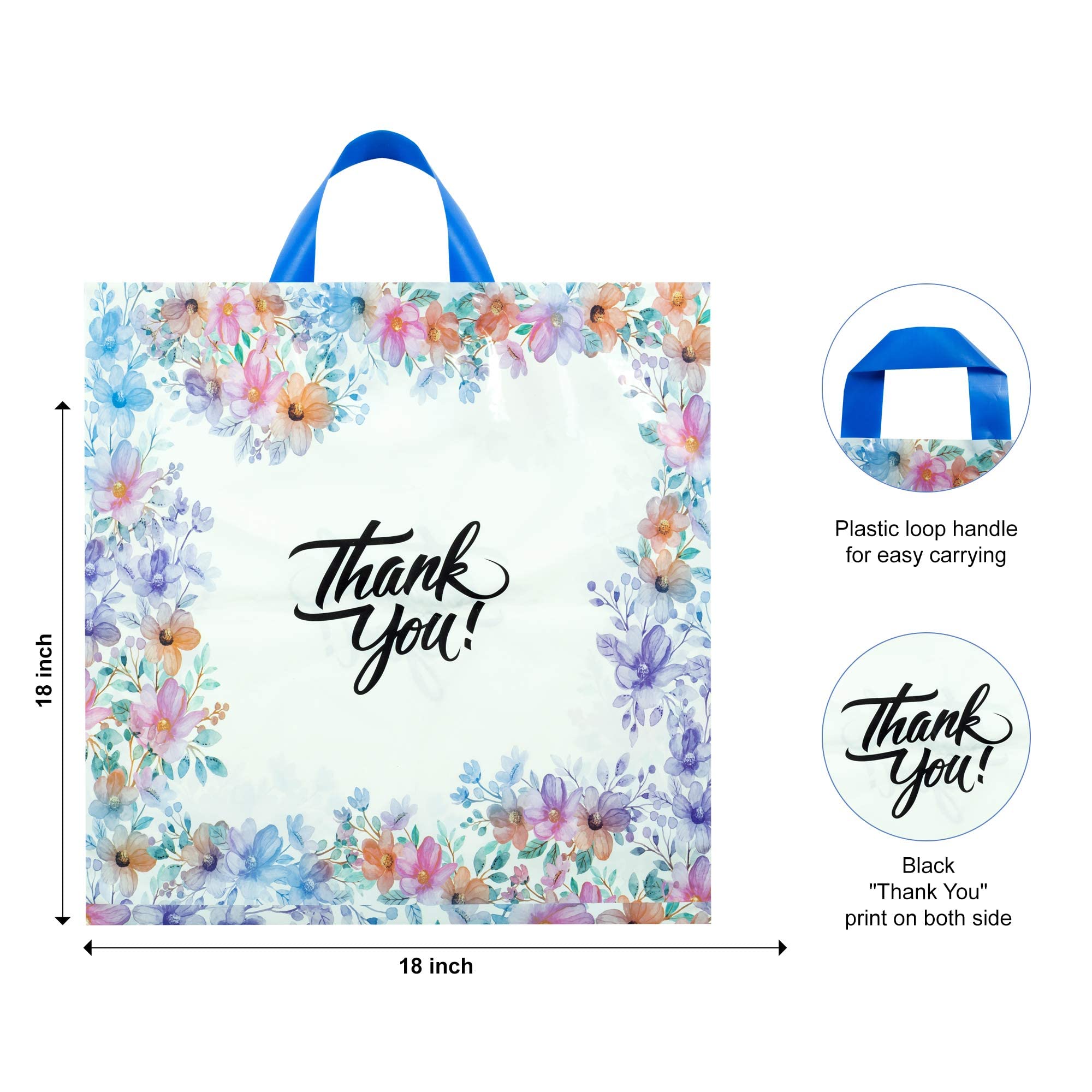 Infinite Pack 18" x18"(100pcs) Floral Thank You Bag with Soft Loop Handle & Bottom Gusset - 2.35 Mil Thick Plastic Merchandise Shopping Bag for Goodies, Clothing, Shower Gift, Retail Boutique Bags