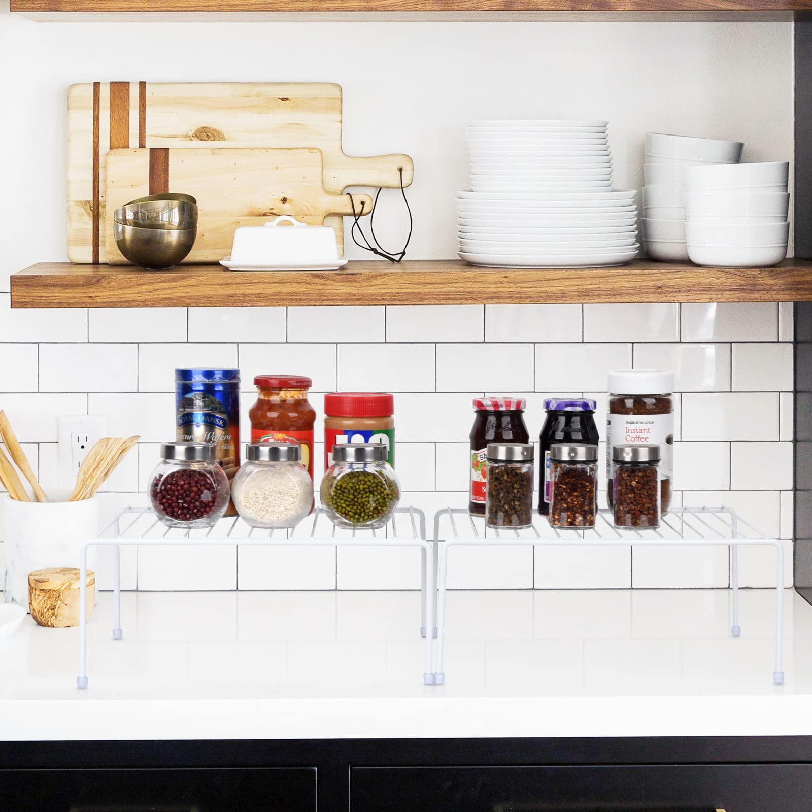 Kitchen Cabinet Storage Shelf Rack/Plastic Feet - (13.1 x 10.2 Inch) - Steel Metal - Rust Resistant Finish - Cups, Dishes, Cabinet & Pantry Organization (2, White)