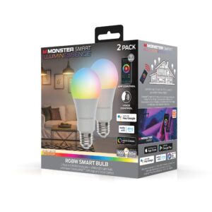 monster multi-color and warm-white led light bulb, 16,000,000 lighting possibilities, customizable with app, compatible with alexa/siri/google assistant, wi-fi enabled, 2-pack, 9 watt