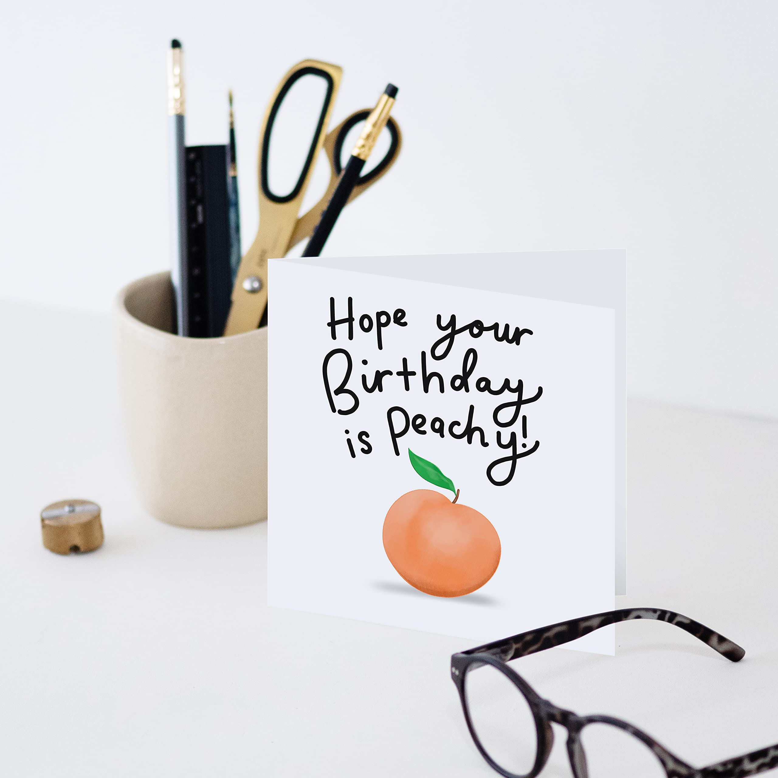 Old English Co. Peachy Birthday Card - Funny Fruit Pun Birthday Wishes for Him, Her, Them | Perfect for Friends Family, Men and Women| Blank Inside & Envelope Included