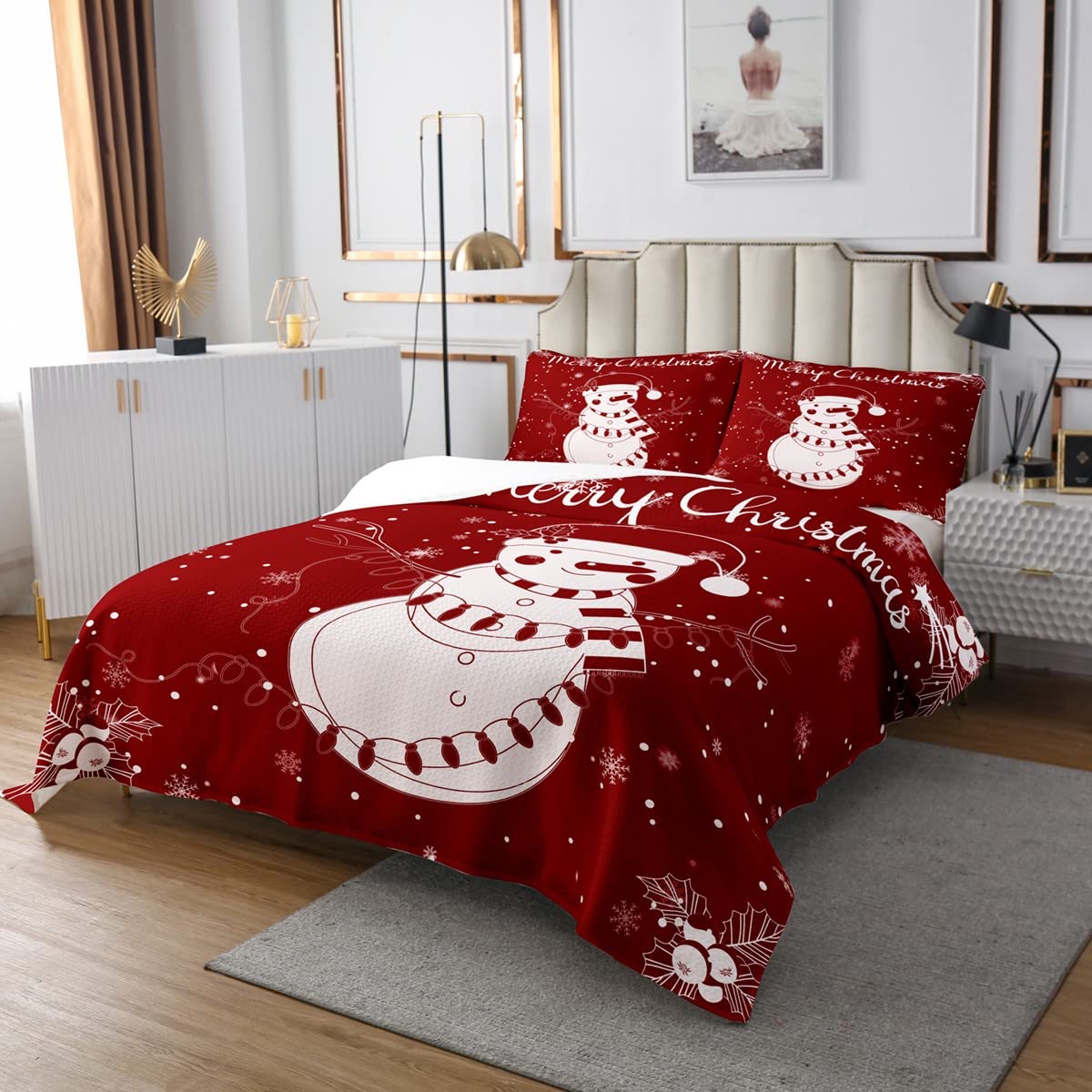 Homewish Cute White Snowman Bedding Set King Size,Merry Christmas Red Bedspread 3pcs for Kids Boys Girls Bedroom Gift,Fantasy Snowflake Comforter Set New Year Xmas Decor Quilt Set,2 Pillowcases