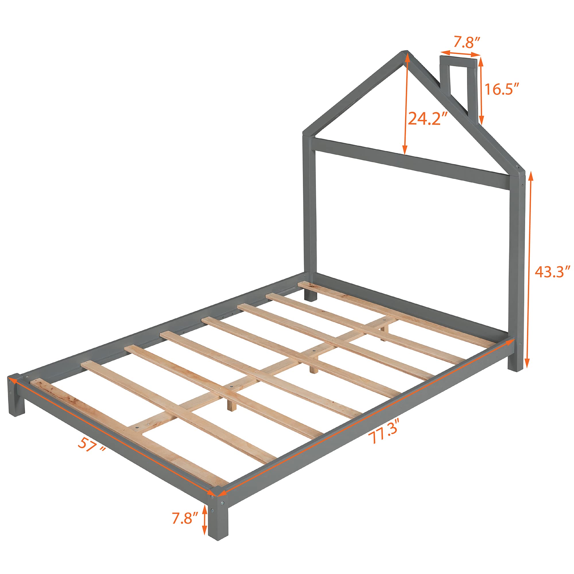 P PURLOVE Full Size Montessori Floor Bed with House-Shaped Headboard for Kids, Wood Full Size Kid Floor Bed Platform Bed Frame with Slat Support,No Box Spring Needed,Gray