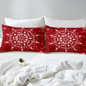 Red Abstract Snowflake Duvet Cover King Size,Merry Christmas Style Bedding Set 3pcs for Child Girls Boys Room Decor,New Year Gift Comforter Cover Retro Exotic Pattern Quilt Cover,2 Pillowcases