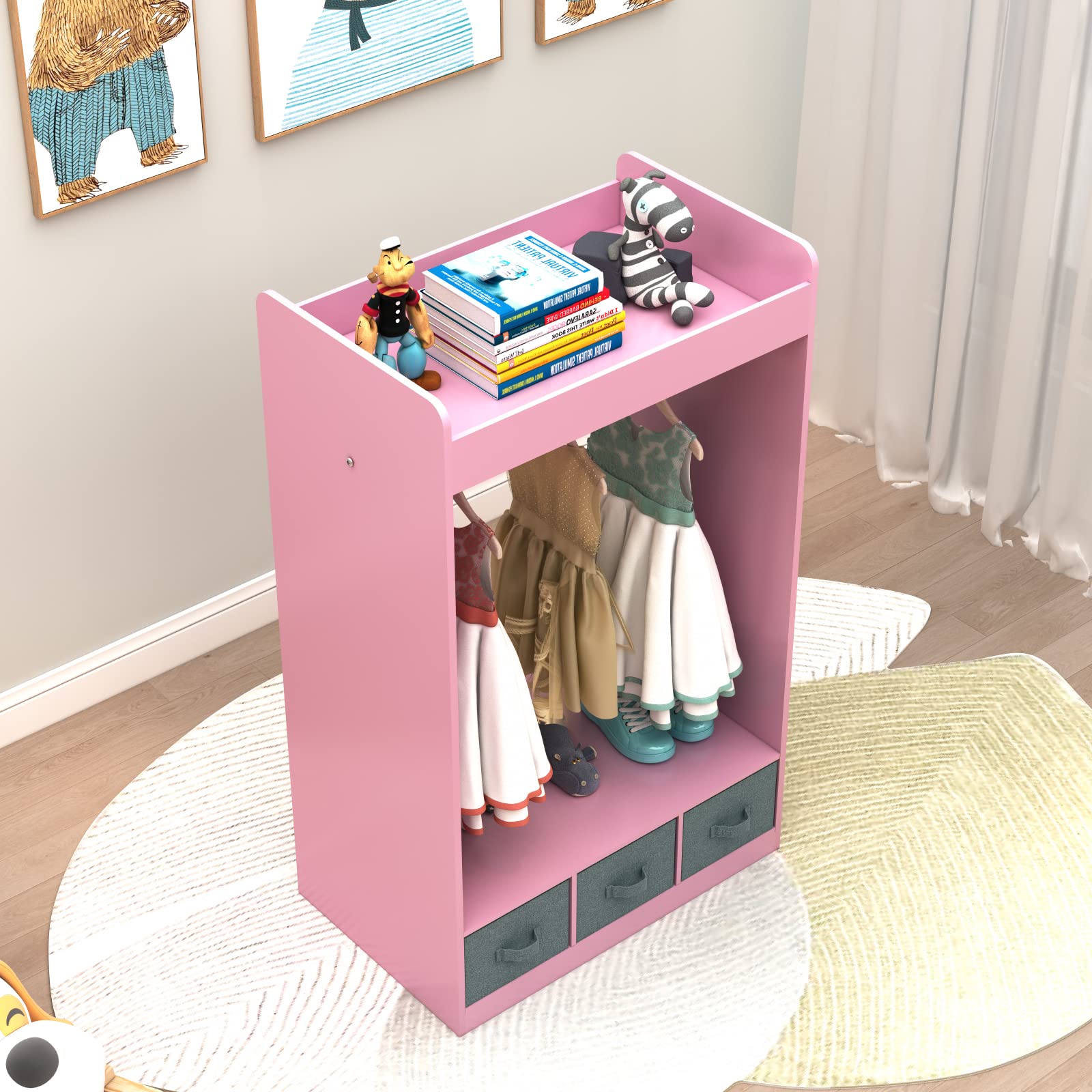 Guangshuohui Costume Organizer,Costume Rack, Dress up Storage with Mirror and Storage Bin,Open Hanging Play Armoire Dresser with Mirror,Pretend Storage Closet for,Costume Storage Dresser-Pink