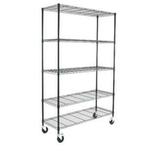 efine 5-tier chrome nsf certified storage shelves, heavy duty steel wire shelving unit with wheels and adjustable feet, 500lbs loading capacity per shelf, pantry, garage, kitchen shelving(18"x48"x72")