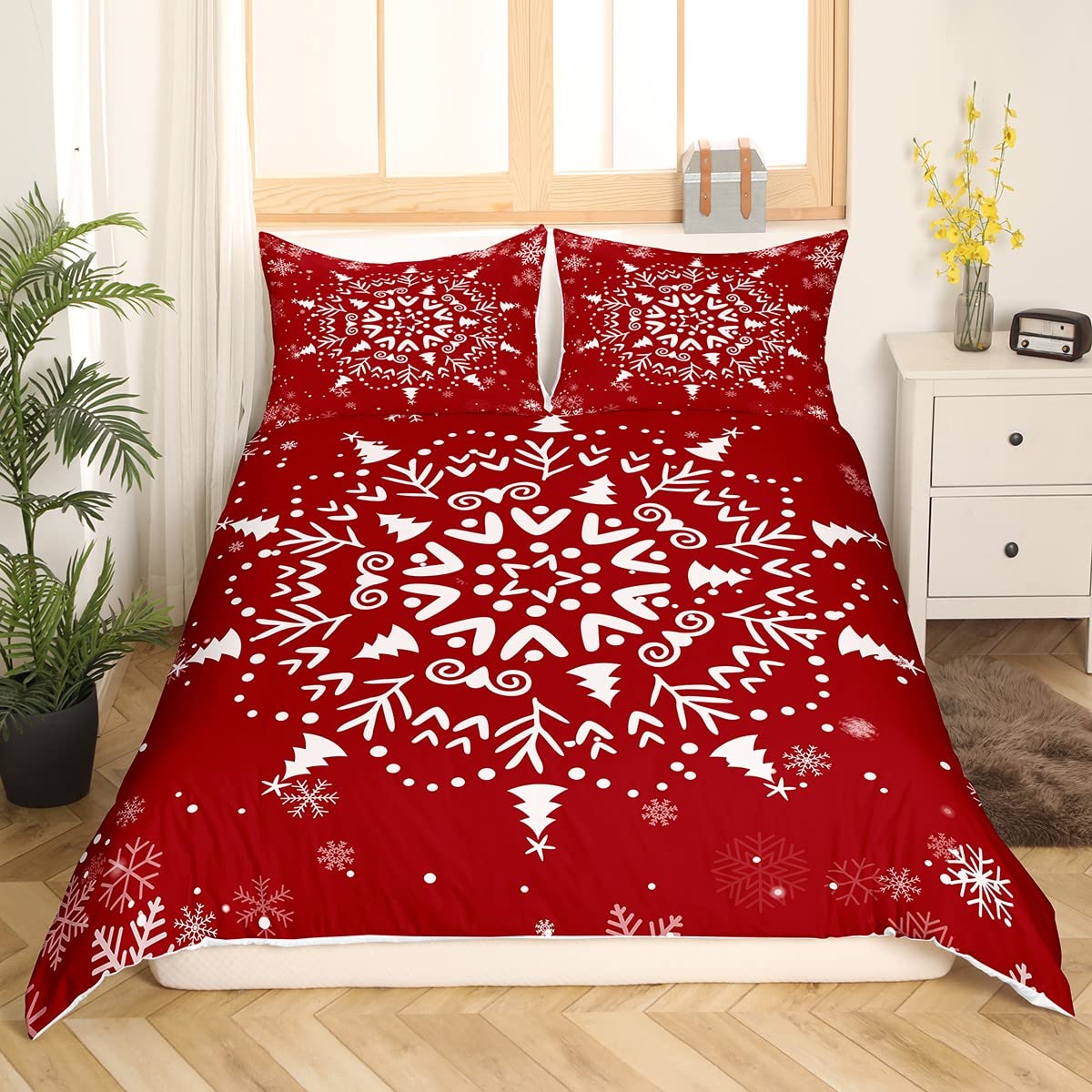 Red Abstract Snowflake Duvet Cover King Size,Merry Christmas Style Bedding Set 3pcs for Child Girls Boys Room Decor,New Year Gift Comforter Cover Retro Exotic Pattern Quilt Cover,2 Pillowcases