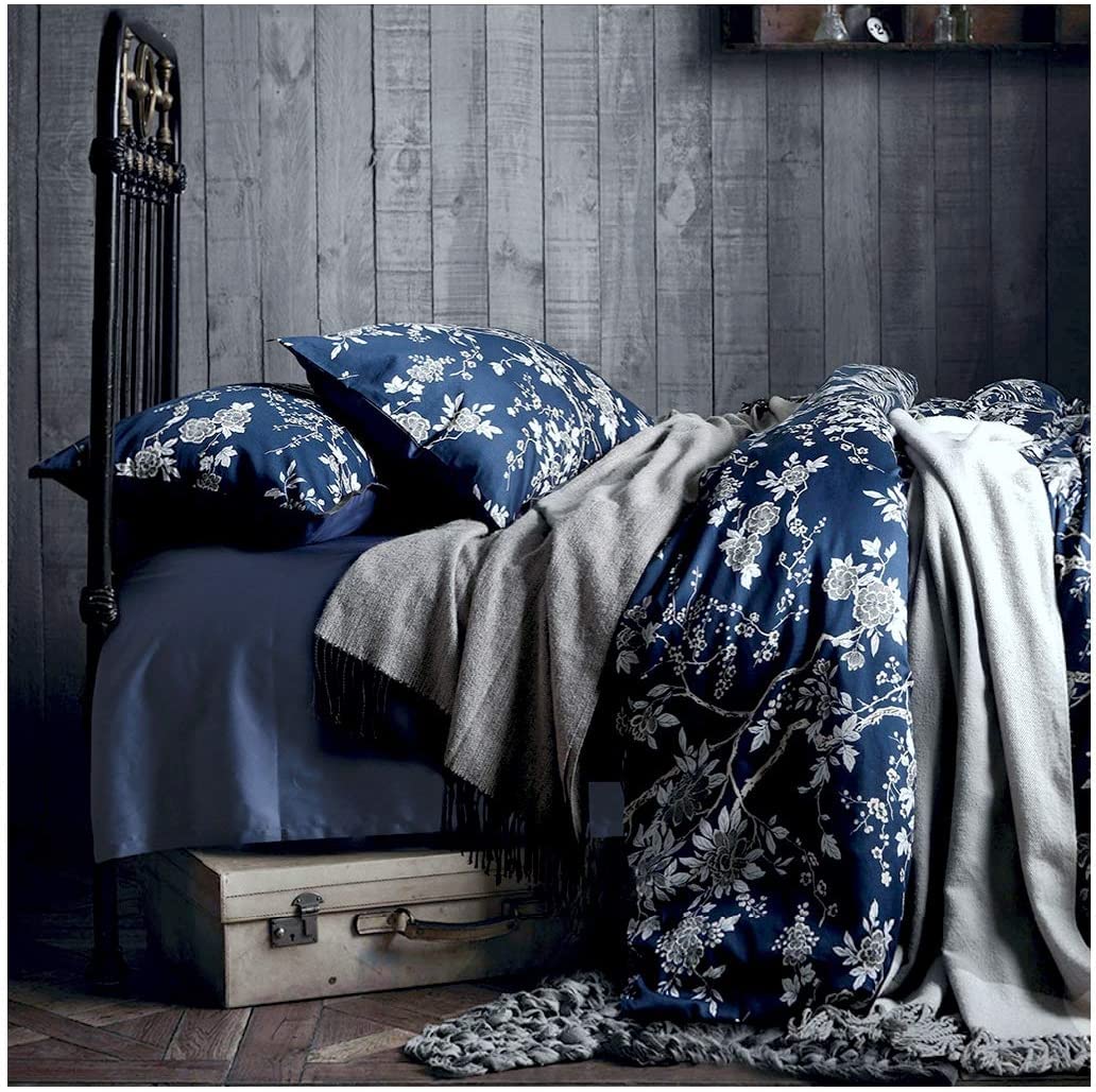 Eastern Floral Chinoiserie Blossom Print Duvet Quilt Cover Navy Blue Tan White Asian Style Botanical Tree Branches Ornamental Drawing 400TC Egyptian Cotton Bedding Set (Navy, Super King)