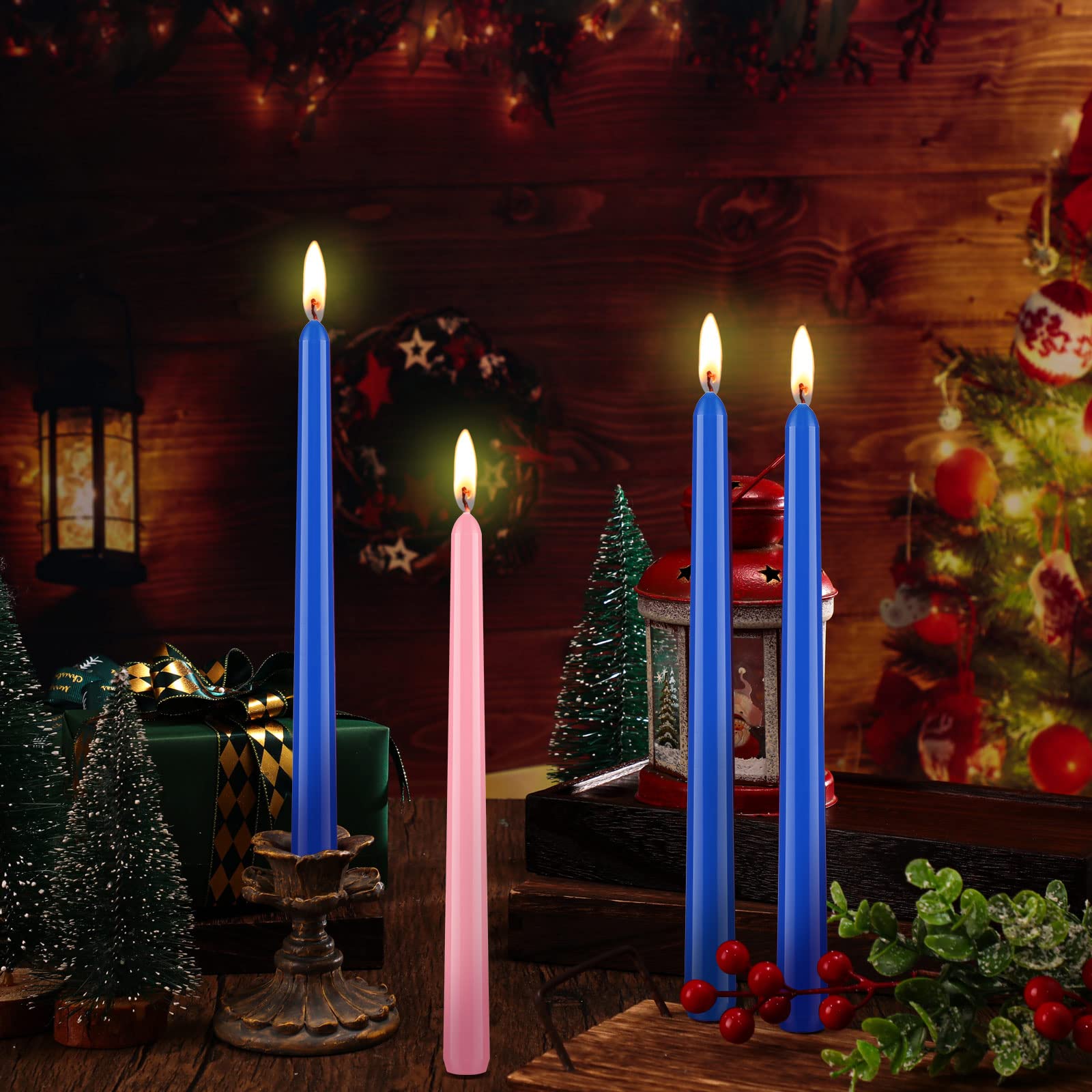 Spiareal 4 Pcs Christmas Blue Advent Candle Blue Pink Taper Candles Advent Candle Long Burning Tapered Candles Dripless and Unscented Candlesticks for Advent Rings and Church Advent Wreaths