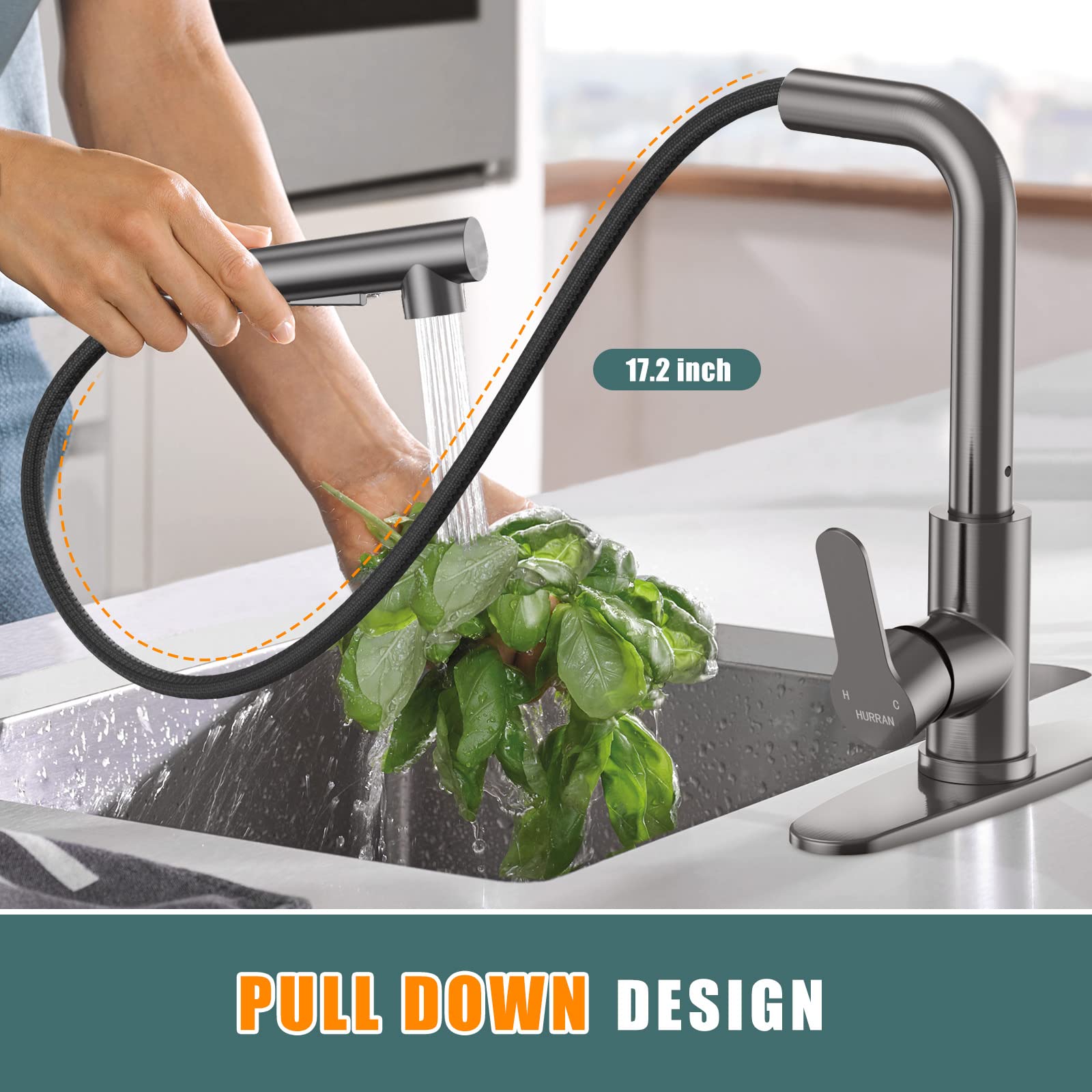 Kitchen Faucets, Brushed Grey Kitchen Faucet with Pull Down Sprayer and Deck Plate, Stainless Steel Commercial Utility Kitchen Faucets for Sink 3 Hole for Bar Rv Camper Laundry Outdoor Farmhouse Sink