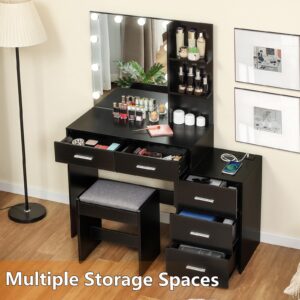 usikey Large Vanity Desk with Mirror & 10 LED Lights, Makeup Vanity Dressing Table with Power Strip, Storage Shelves & 5 Drawers, Vanity Table Set with Cushioned Stool for Women Girls, Black