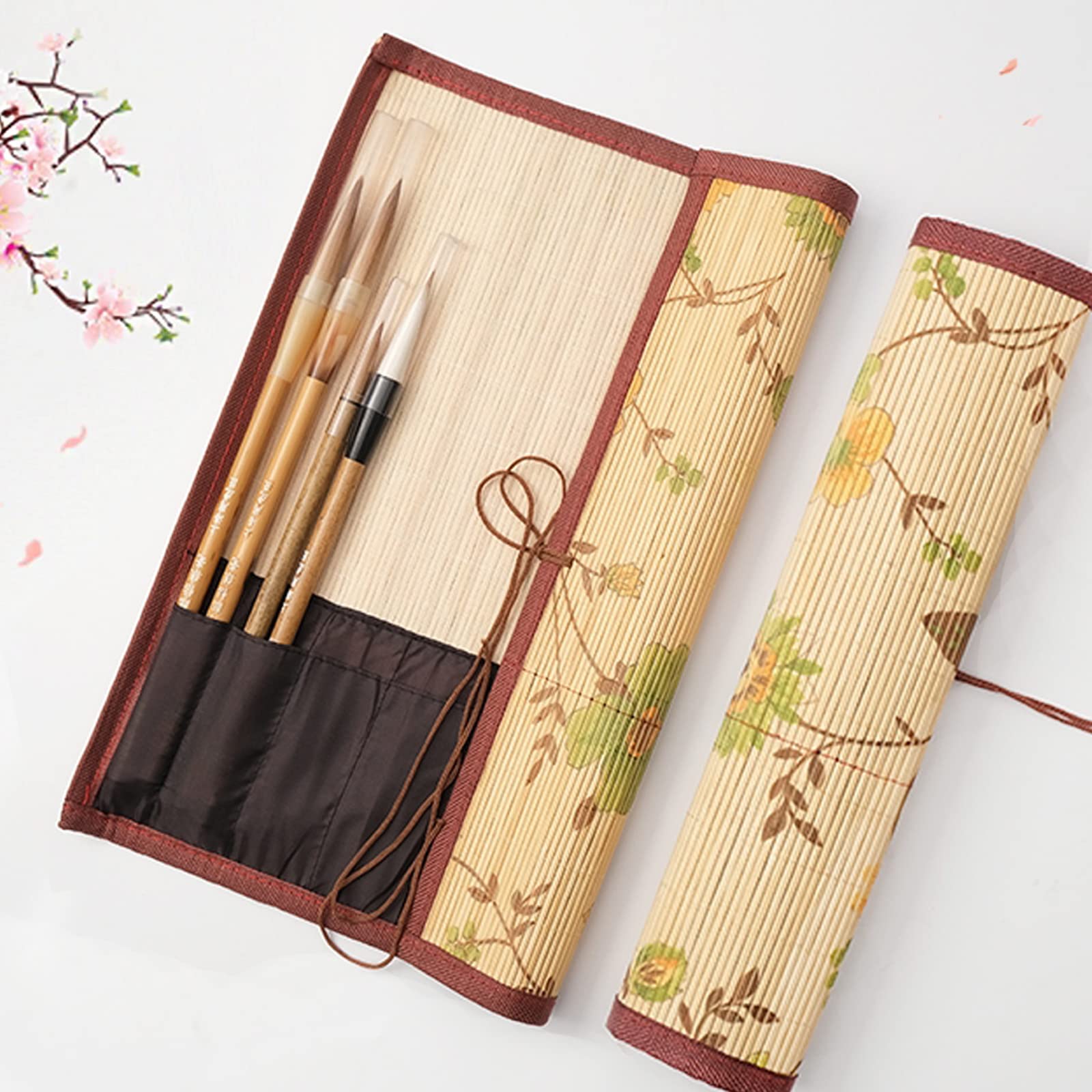 QINGSHENG 300mmx270mm Bamboo Braided Brush Pen Curtain With 8 Bags,Large Capacity Brush Curtain To Store Chinese Brushes(1pcs)