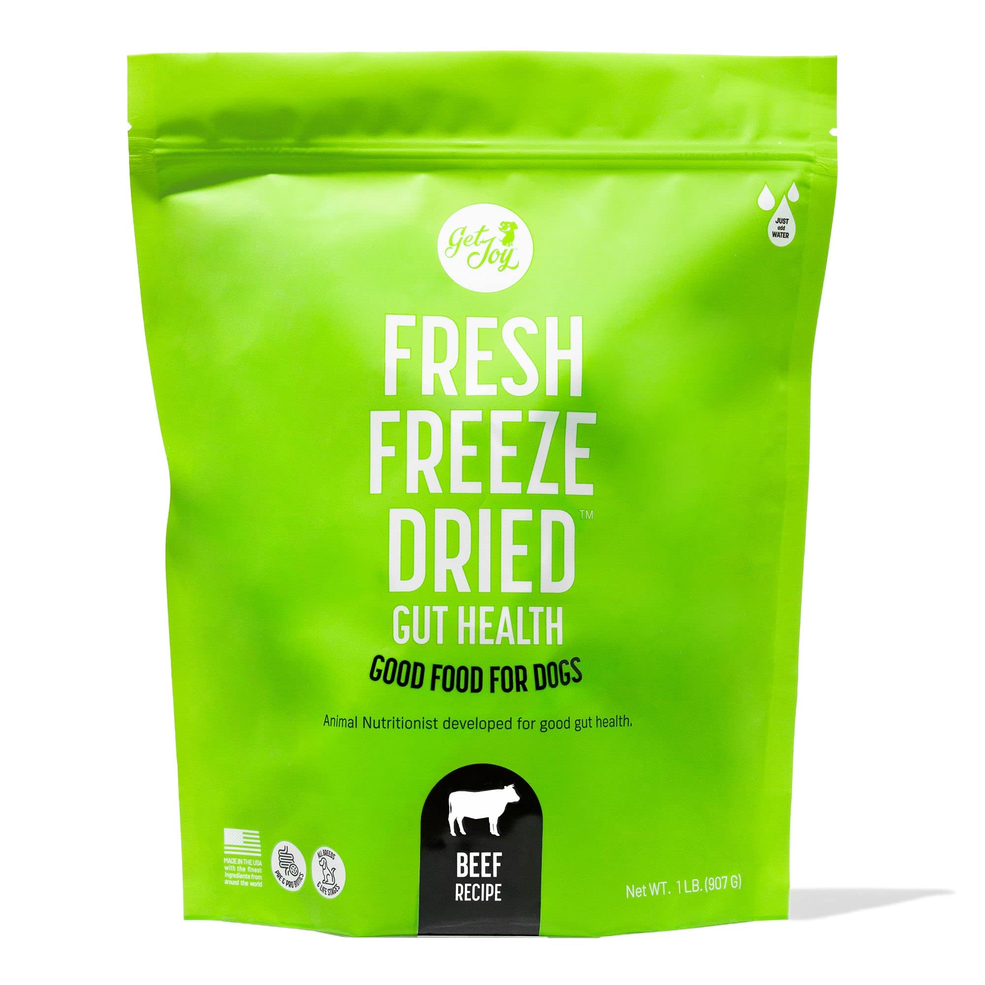 Get Joy Gut Health Fresh Freeze Dried Raw Meal, Beef Recipe, 16 Ounce Bag, Dog Food for Dogs of All Breeds and Life Stages, PhD Animal Nutritionist Formulated, USDA Beef, Made in USA