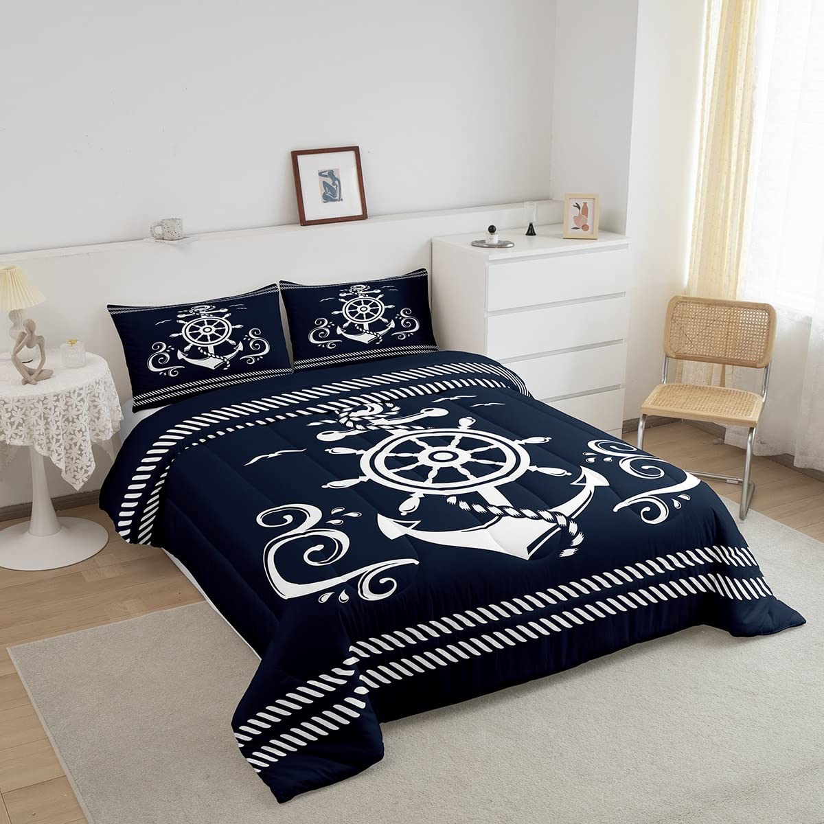 Erosebridal Nautical Anchor Bedding Set for Boys, Compass Adventure Comforter Set Coastal Compass Duvet Sets Ocean Sailboat Bedding Comforters for Kids Teens Adult Bedroom, Navy Blue(Queen Size)