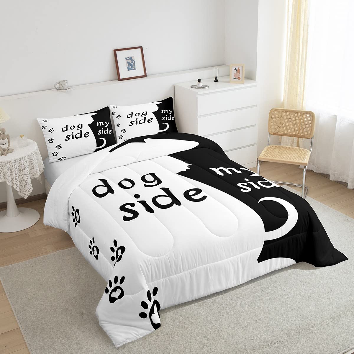 Erosebridal Dog Side and My Side Comforter Set King Size for Couple Women Girls Romantic Theme Bedding Black White Cute Dog Duvet Insert Teens Kids Kawaii Puppy Quilt Bedroom Decor Bedding