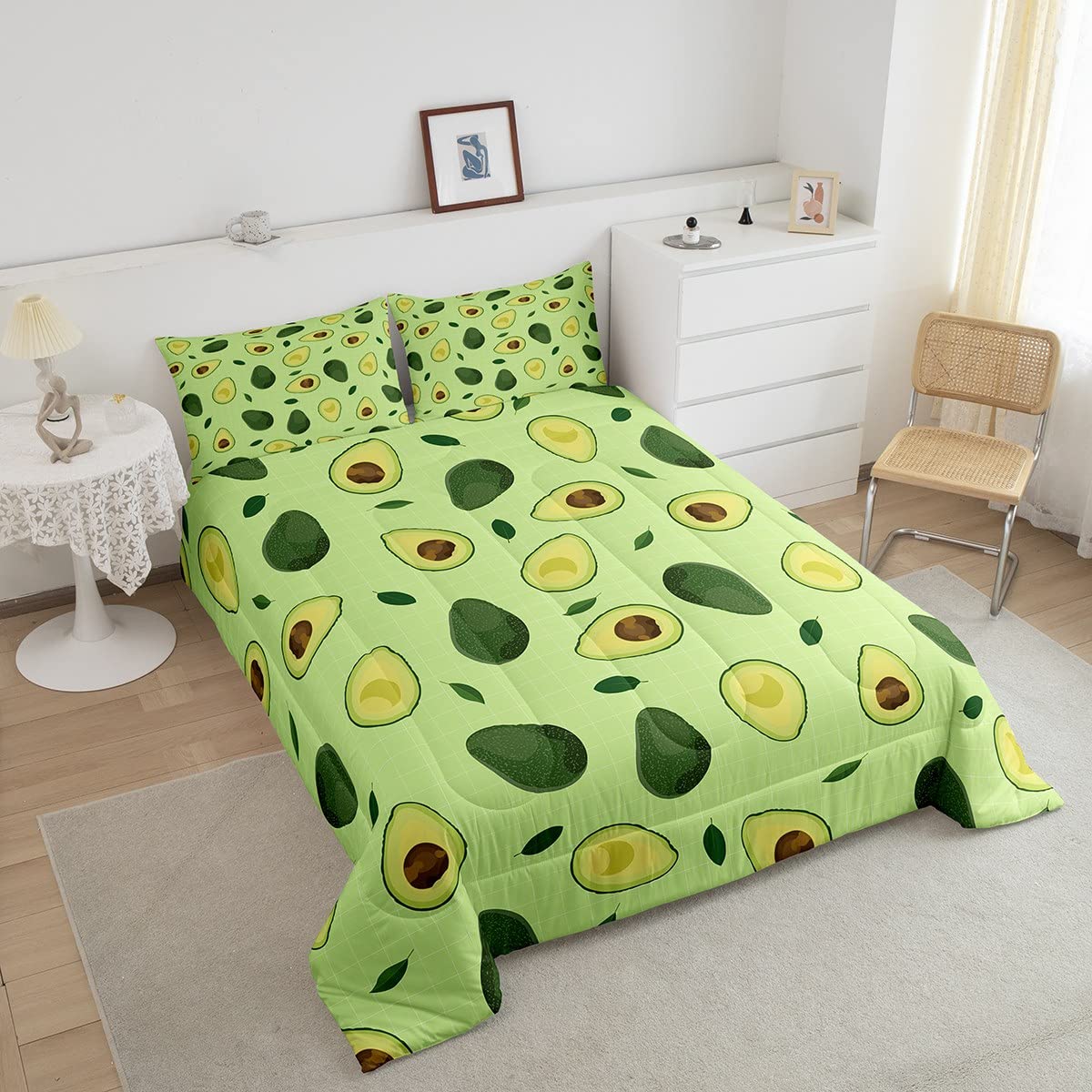 Manfei Fruits Theme Comforter Set Twin Size, Green Avocado Bedding Set 2pcs for Kids Boys Girls Room Decor, Plaid Grid Print Quilt Set with 1 Pillowcase