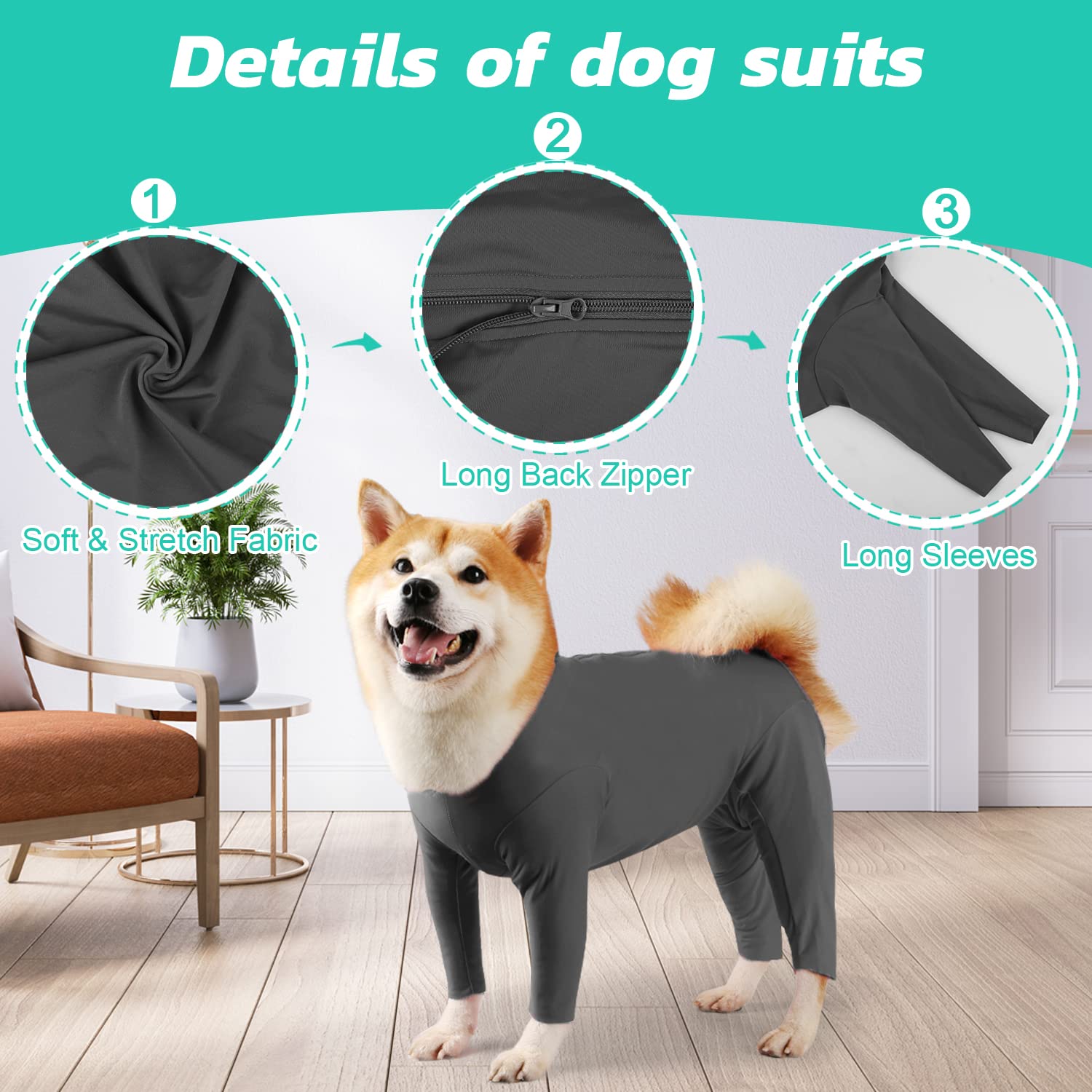 Etdane Dog Onesie for After Surgery Pet Surgical Recovery Suit Anti Shedding Bodysuit Long Sleeve Claming Pajamas with Legs for Female Male Dog (Medium, Gray)