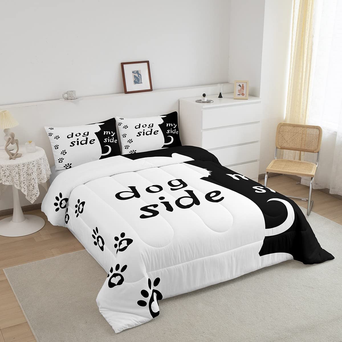 Erosebridal Dog Side and My Side Comforter Set King Size for Couple Women Girls Romantic Theme Bedding Black White Cute Dog Duvet Insert Teens Kids Kawaii Puppy Quilt Bedroom Decor Bedding