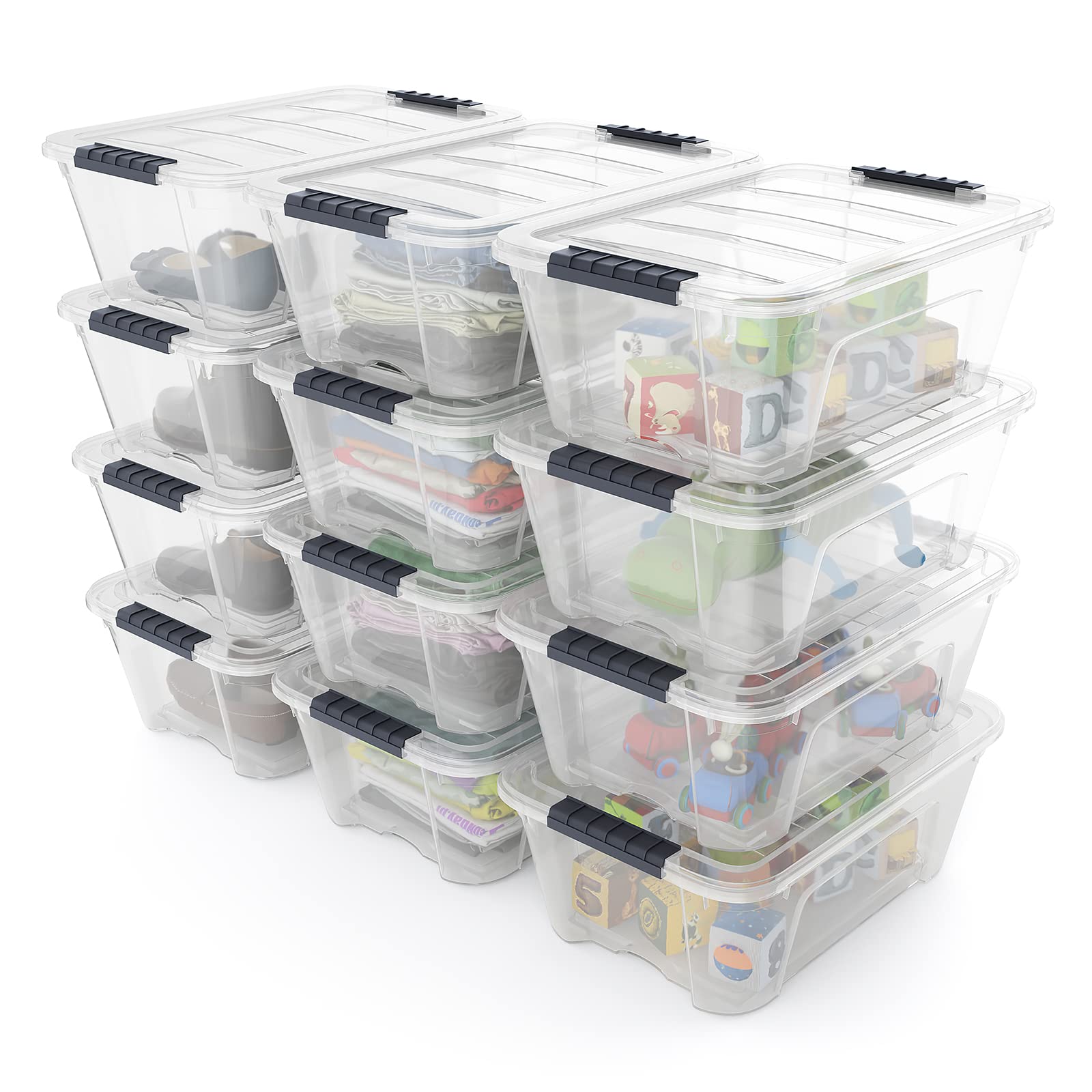 GORELAX 12 PCS Clear Plastic Storage Bins with Lid, 12 L/13 Qt. Tote Boxes w/Ultra Latching Handle, Nestable & Stackable Storage Containers for Organizing, Pantry, Clothes