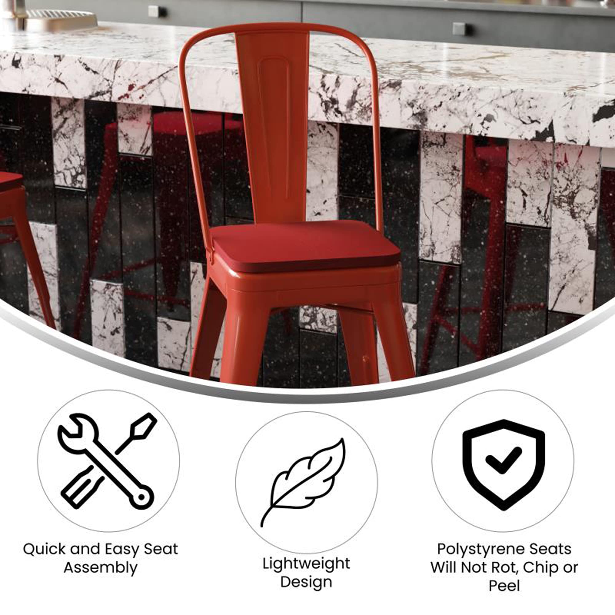 Flash Furniture Kai Commercial 24" High Indoor-Outdoor Counter Height Stool - Red Galvanized Steel Frame - Red Square All-Weather Poly Resin Seat - Removable Back