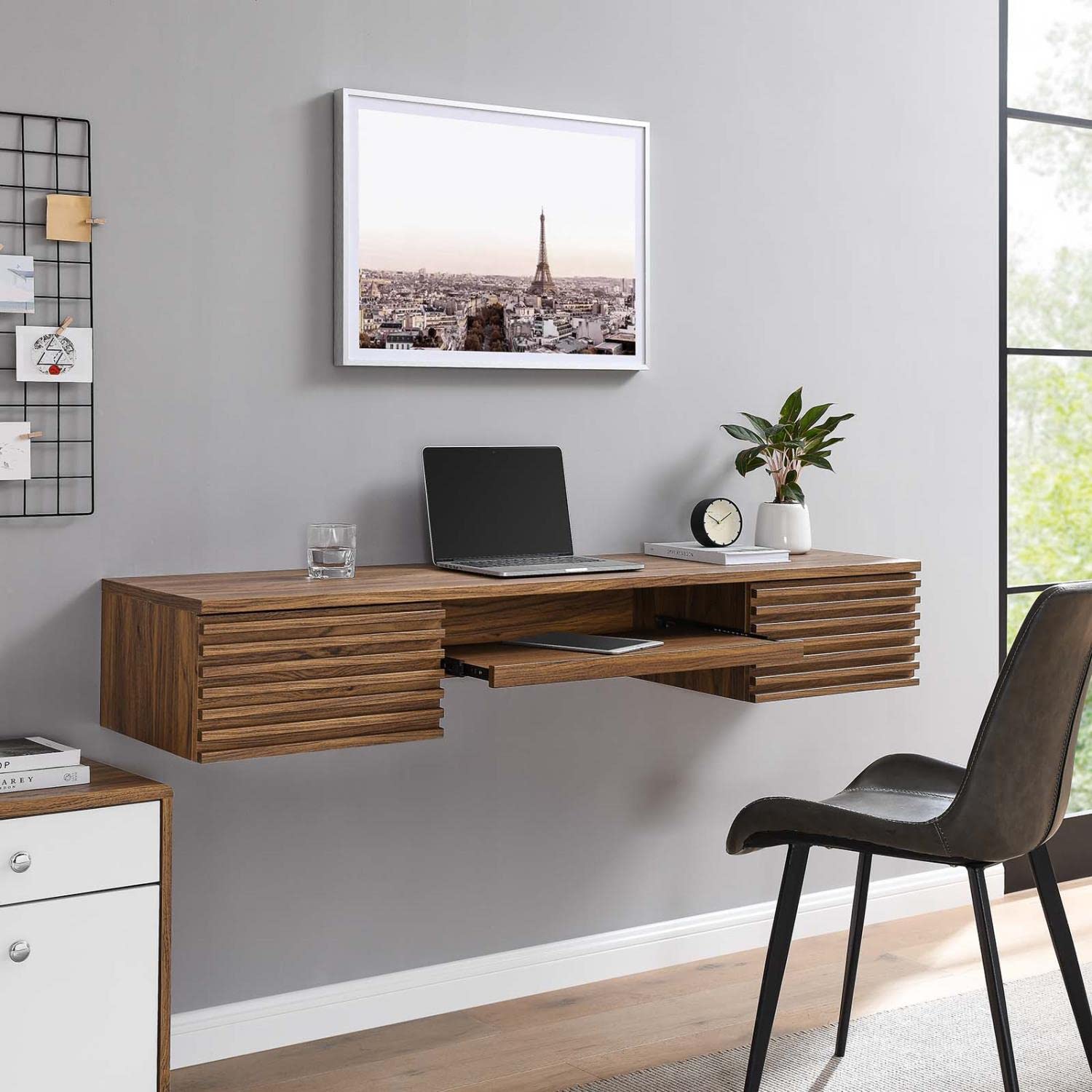 Modway Render Wall Mount Particleboard and Wood Office Desk in Walnut