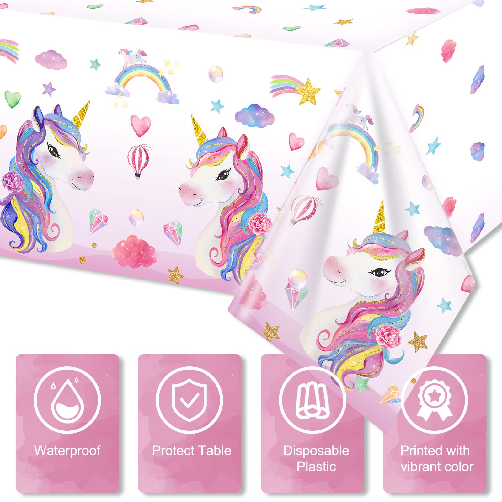 3 Pieces Unicorn Table Cloth Covers Disposable Unicorn Table Covers Larger Plastic Unicorn Tablecloths Rectangle Table Covers for Baby Shower Birthday Themed Party Supplies, 108 x 54 Inches