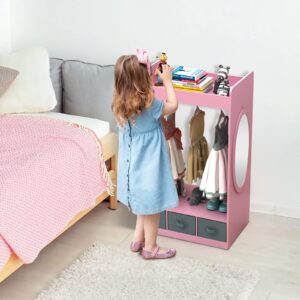 Guangshuohui Costume Organizer,Costume Rack, Dress up Storage with Mirror and Storage Bin,Open Hanging Play Armoire Dresser with Mirror,Pretend Storage Closet for,Costume Storage Dresser-Pink