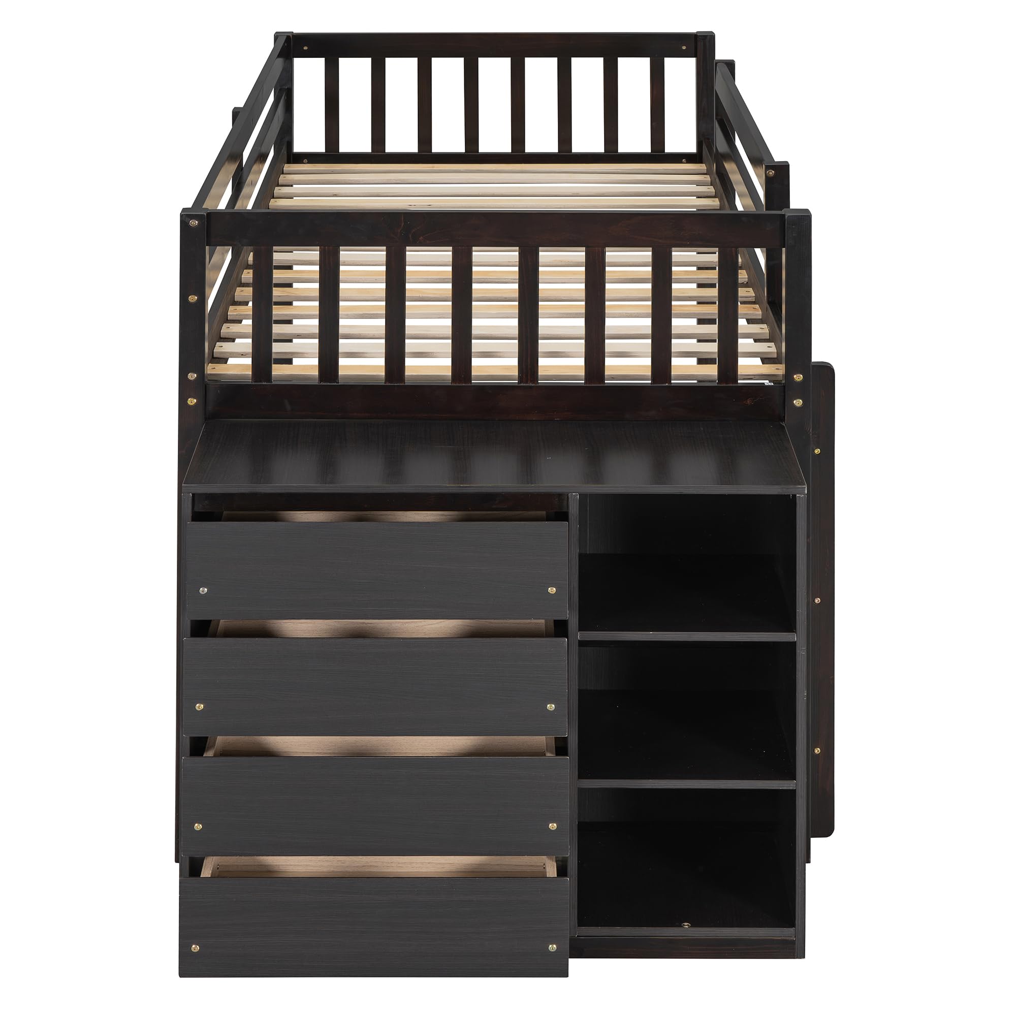 Harper & Bright Designs Twin Over Twin Low Bunk Bed with Storage,Floor Bunk Bed Frame with 4 Drawers and 3 Shelves, Solid Wood Loft Bed for Kids Girls Boys - Espresso