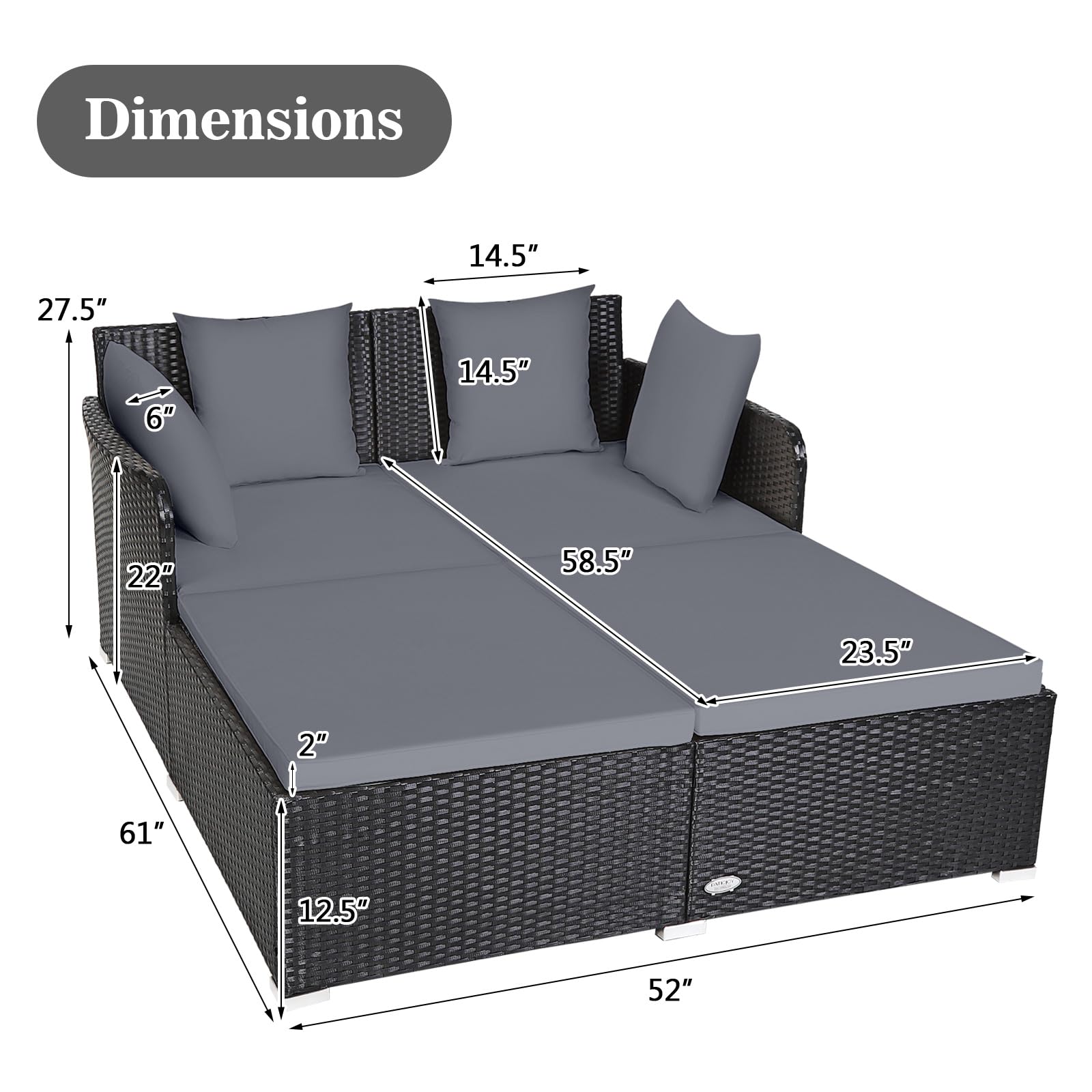 HAPPYGRILL Outdoor Rattan Daybed Patio Loveseat Sofa Set with Padded Cushion Pillows and Sturdy Aluminum Foot Wicker Patio Furniture for Garden Porch Poolside